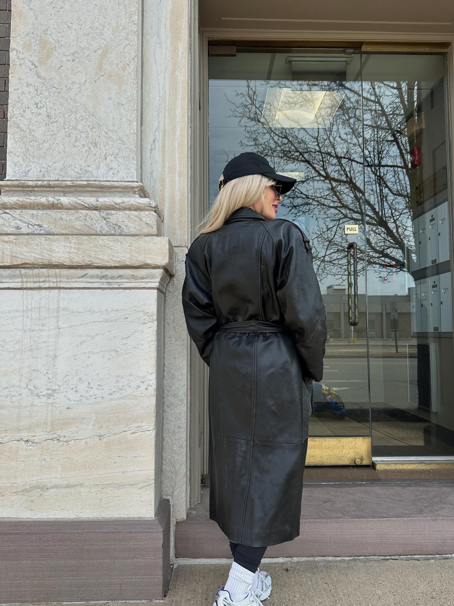 Vintage leather trench full length long coat real natural waist tie belt trench 90s retro overcoat black