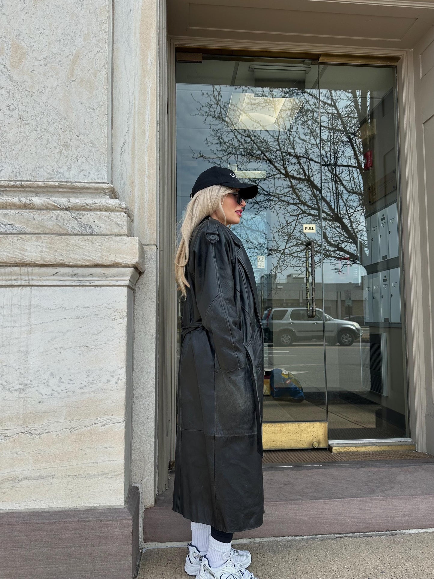 Vintage leather trench full length long coat real natural waist tie belt trench 90s retro overcoat black