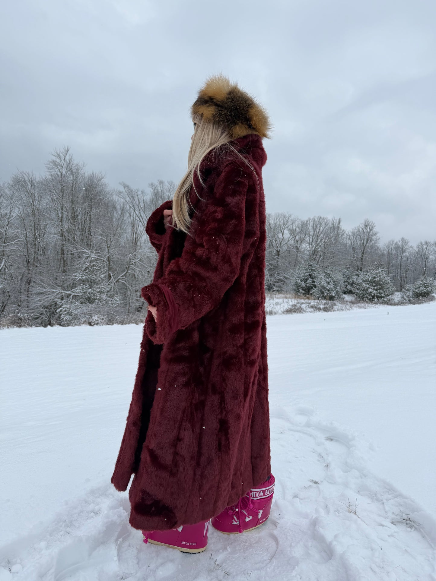 Vintage Burgundy Faux Fur Coat – Long Plush Wine Red Winter Statement Jacket XL