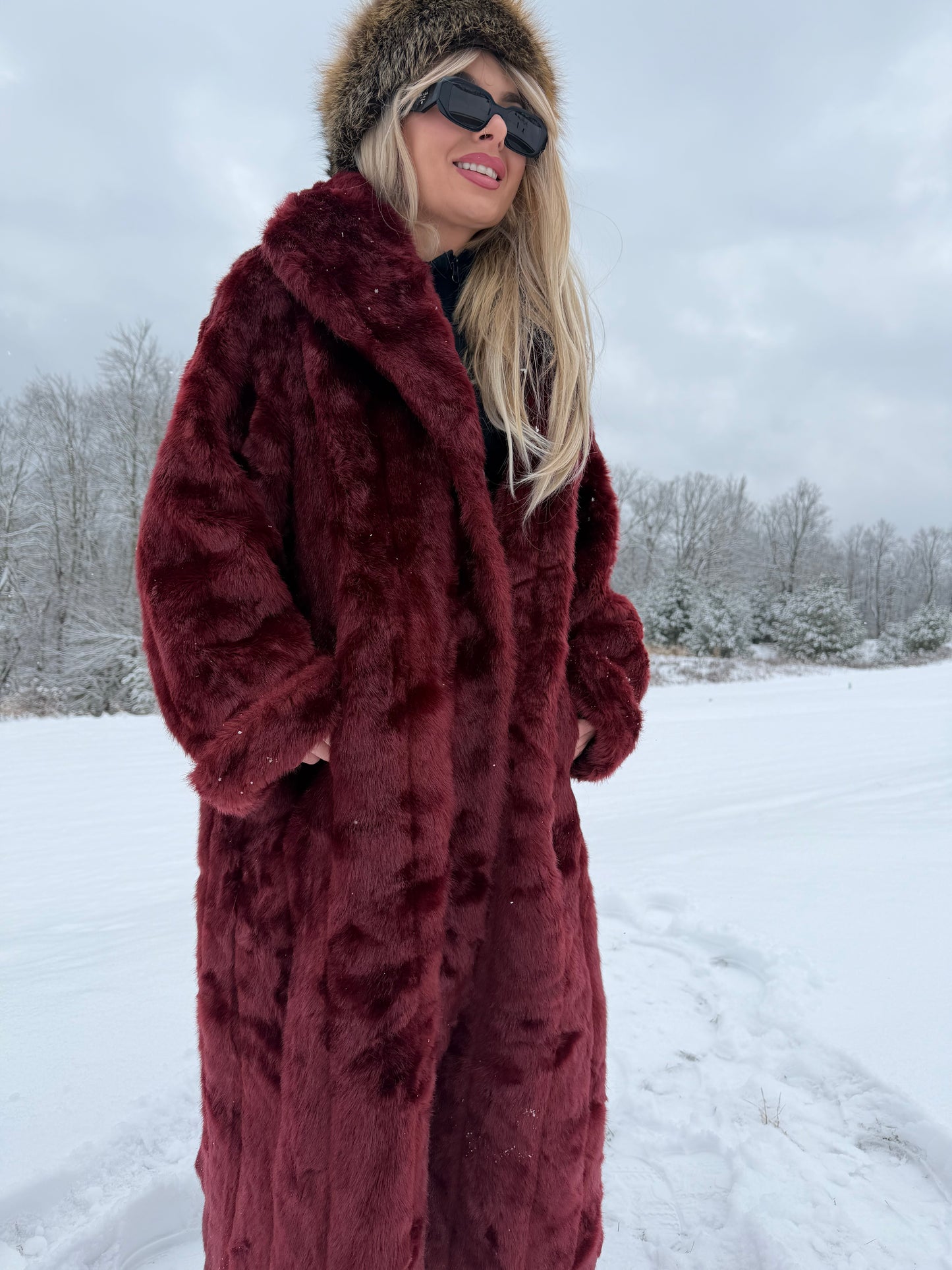 Vintage Burgundy Faux Fur Coat – Long Plush Wine Red Winter Statement Jacket XL