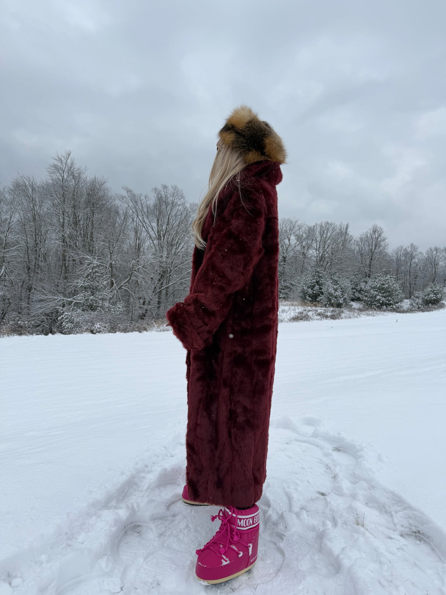 Vintage Burgundy Faux Fur Coat – Long Plush Wine Red Winter Statement Jacket XL