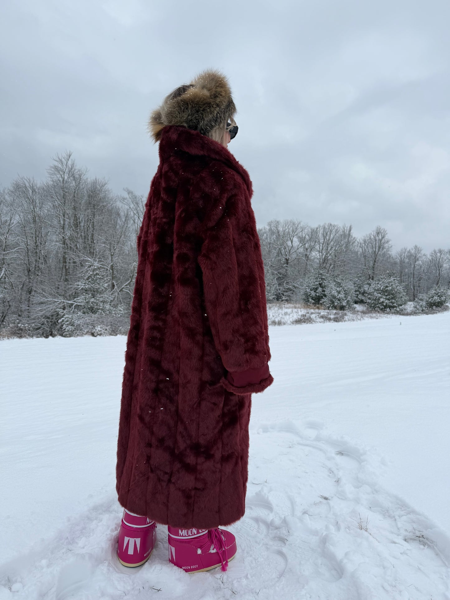 Vintage Burgundy Faux Fur Coat – Long Plush Wine Red Winter Statement Jacket XL