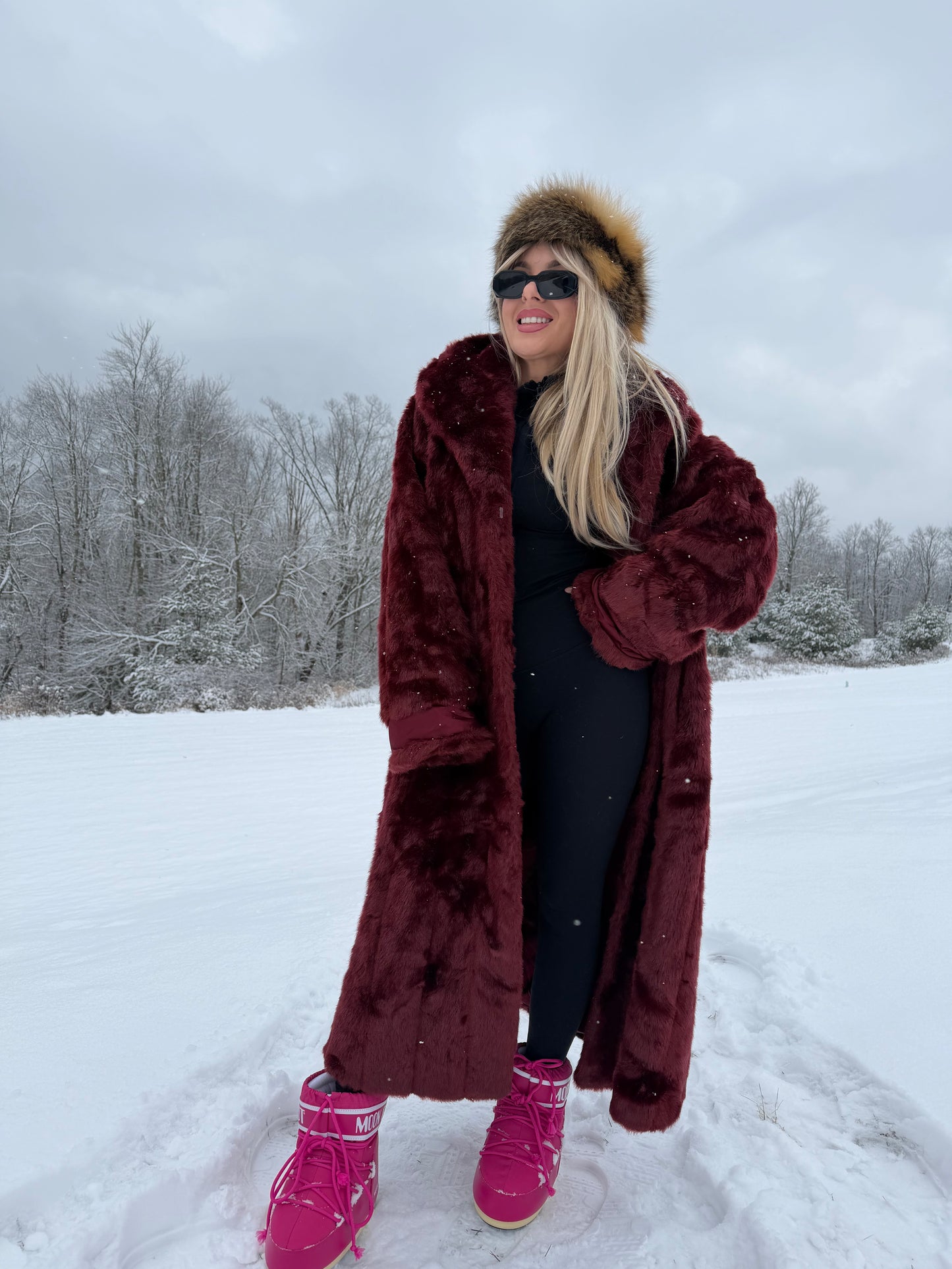 Vintage Burgundy Faux Fur Coat – Long Plush Wine Red Winter Statement Jacket XL