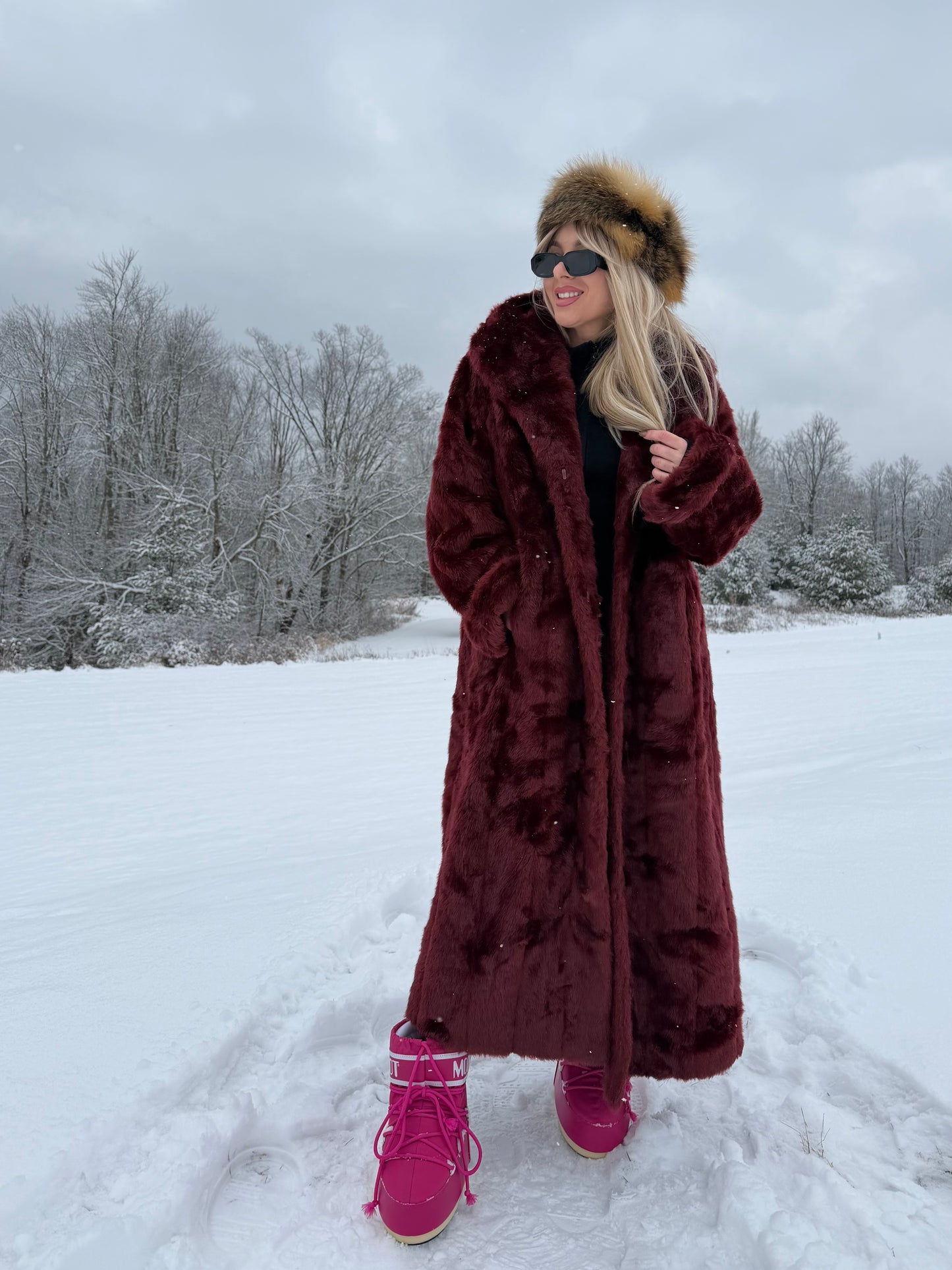 Vintage Burgundy Faux Fur Coat – Long Plush Wine Red Winter Statement Jacket XL