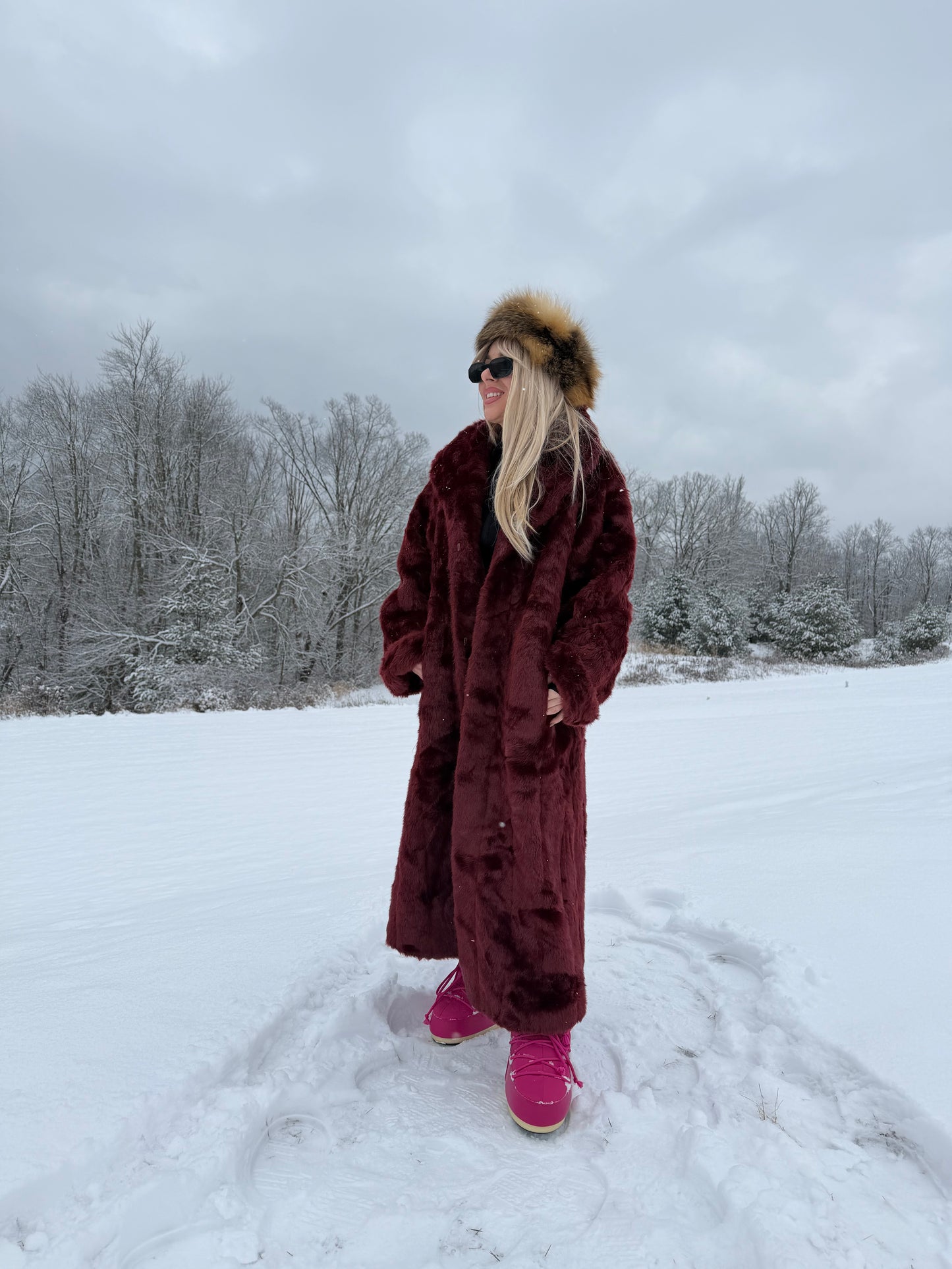 Vintage Burgundy Faux Fur Coat – Long Plush Wine Red Winter Statement Jacket XL