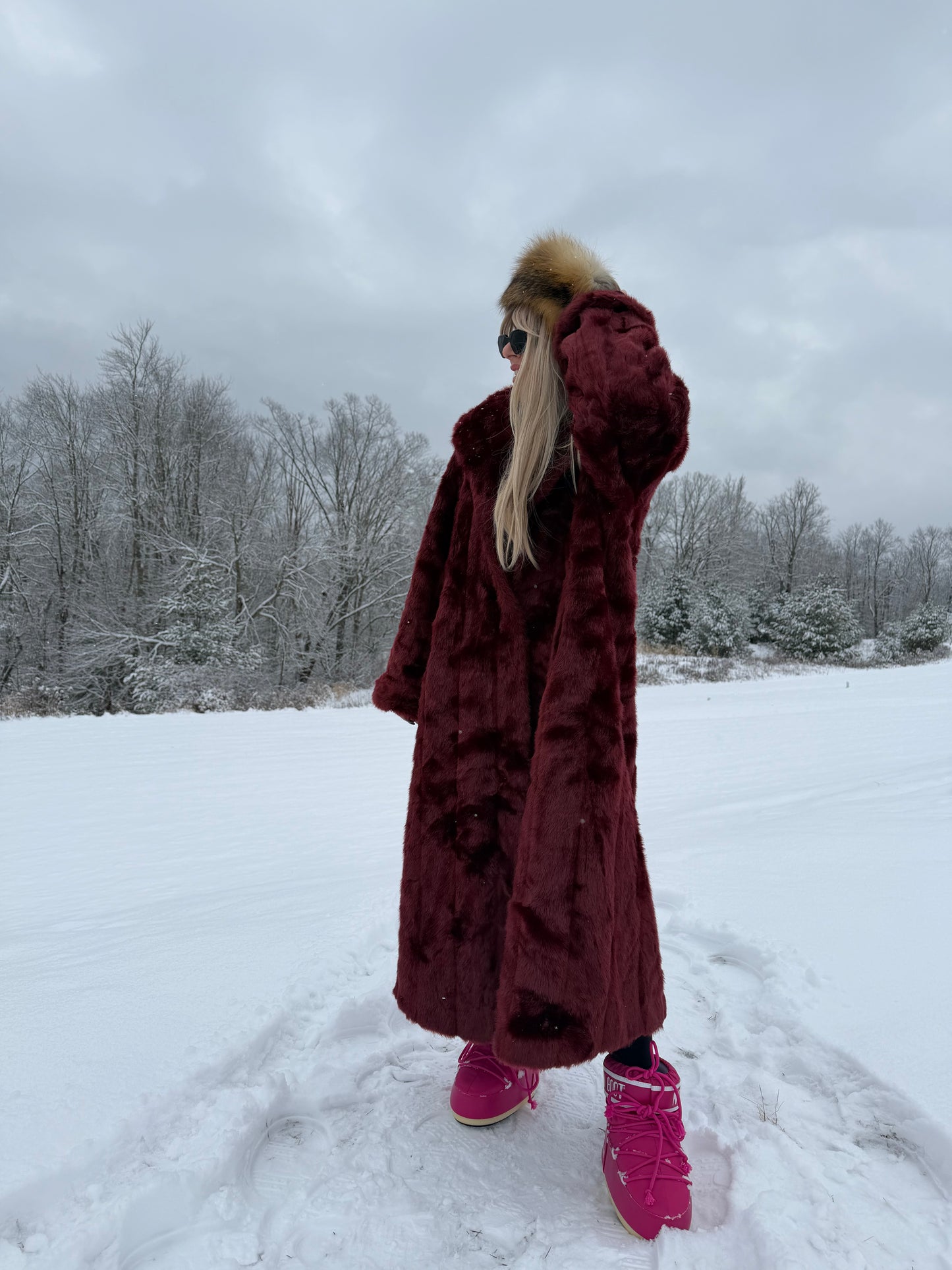 Vintage Burgundy Faux Fur Coat – Long Plush Wine Red Winter Statement Jacket XL