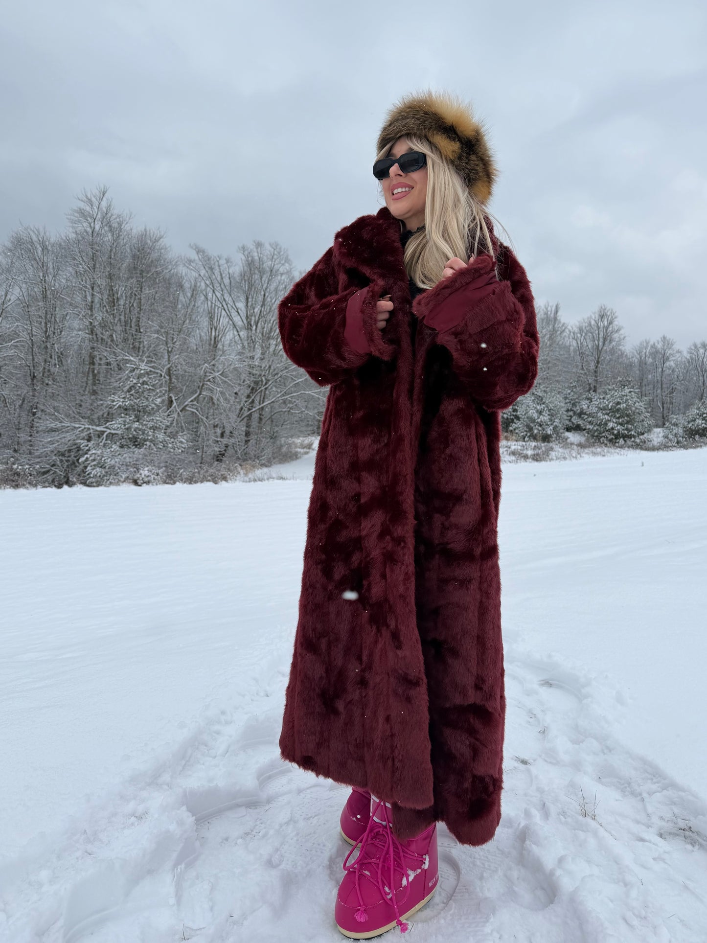 Vintage Burgundy Faux Fur Coat – Long Plush Wine Red Winter Statement Jacket XL
