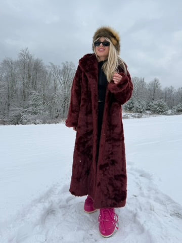 Vintage Burgundy Faux Fur Coat – Long Plush Wine Red Winter Statement Jacket XL