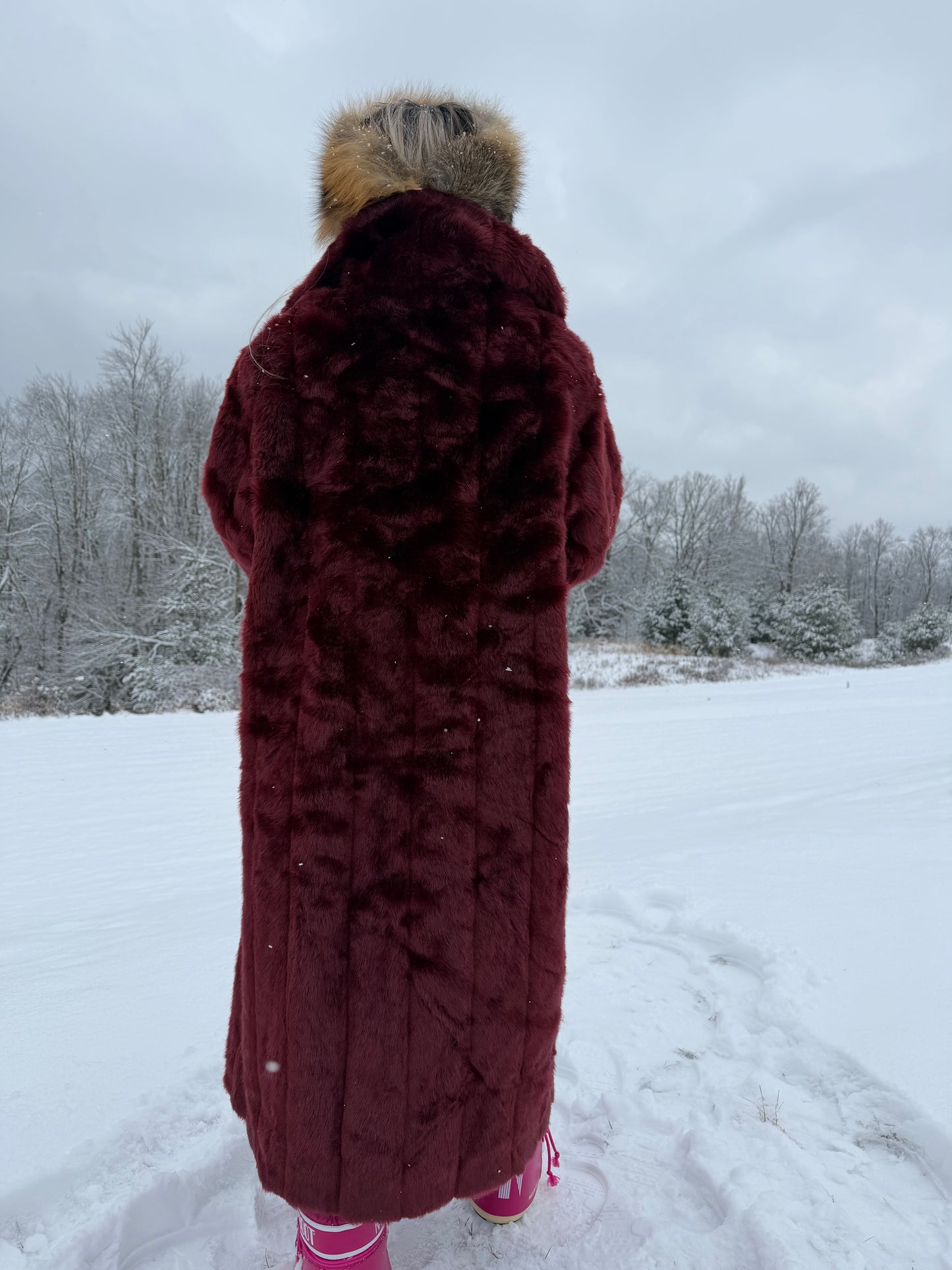 Vintage Burgundy Faux Fur Coat – Long Plush Wine Red Winter Statement Jacket XL