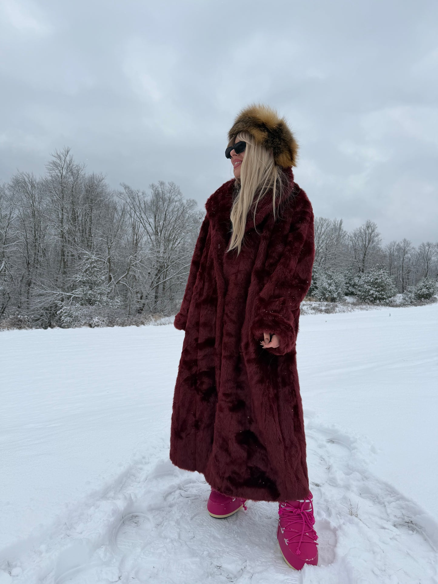 Vintage Burgundy Faux Fur Coat – Long Plush Wine Red Winter Statement Jacket XL