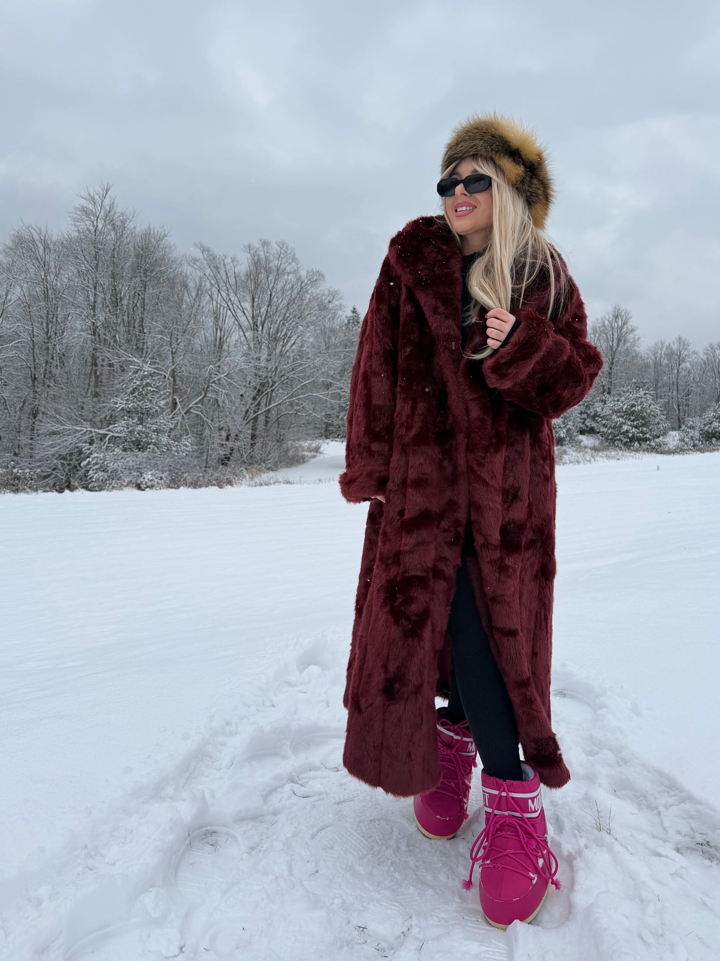 Vintage Burgundy Faux Fur Coat – Long Plush Wine Red Winter Statement Jacket XL