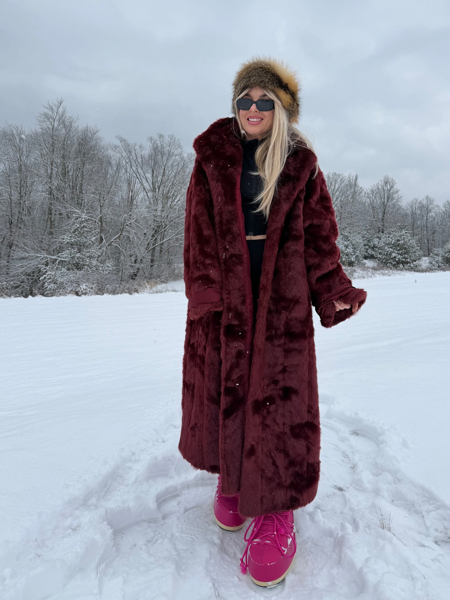 Vintage Burgundy Faux Fur Coat – Long Plush Wine Red Winter Statement Jacket XL