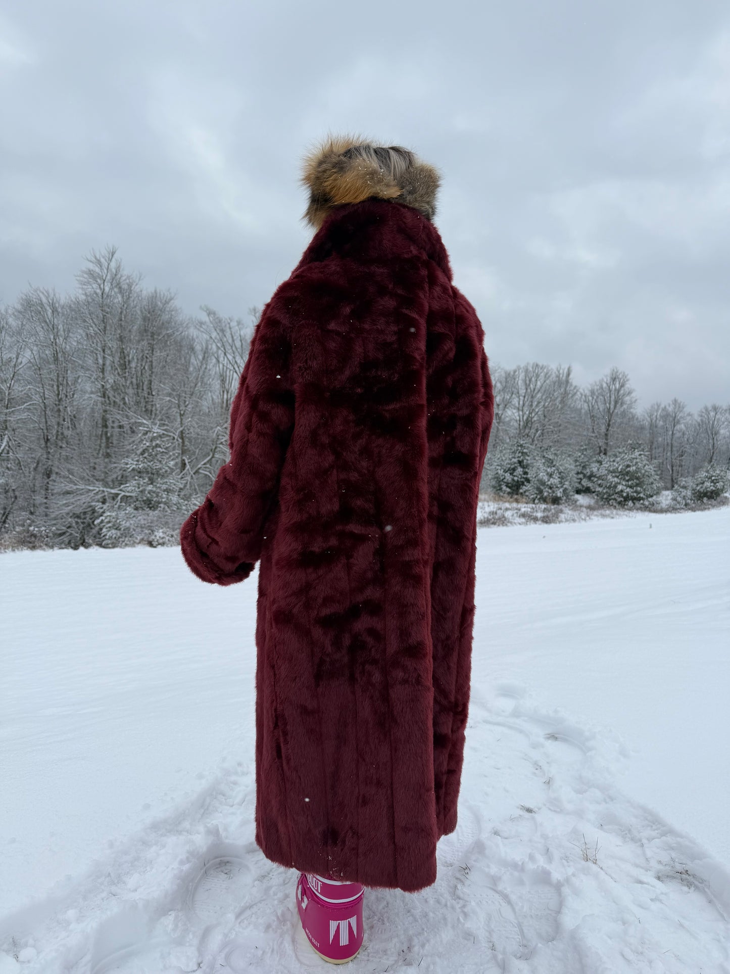 Vintage Burgundy Faux Fur Coat – Long Plush Wine Red Winter Statement Jacket XL