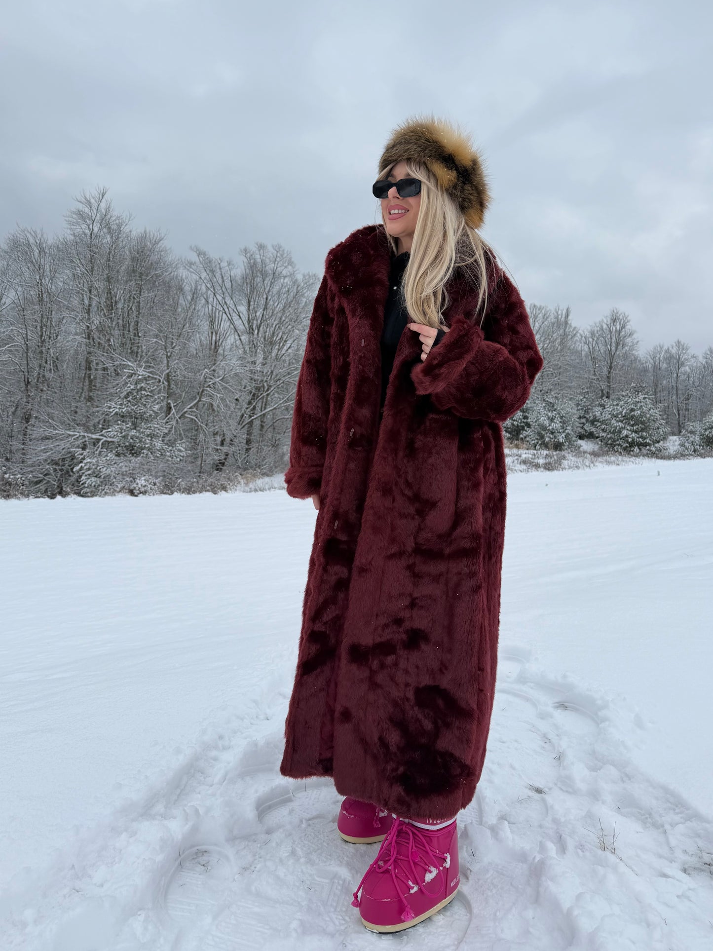 Vintage Burgundy Faux Fur Coat – Long Plush Wine Red Winter Statement Jacket XL