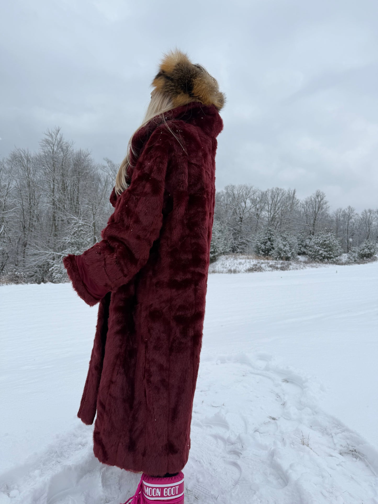 Vintage Burgundy Faux Fur Coat – Long Plush Wine Red Winter Statement Jacket XL