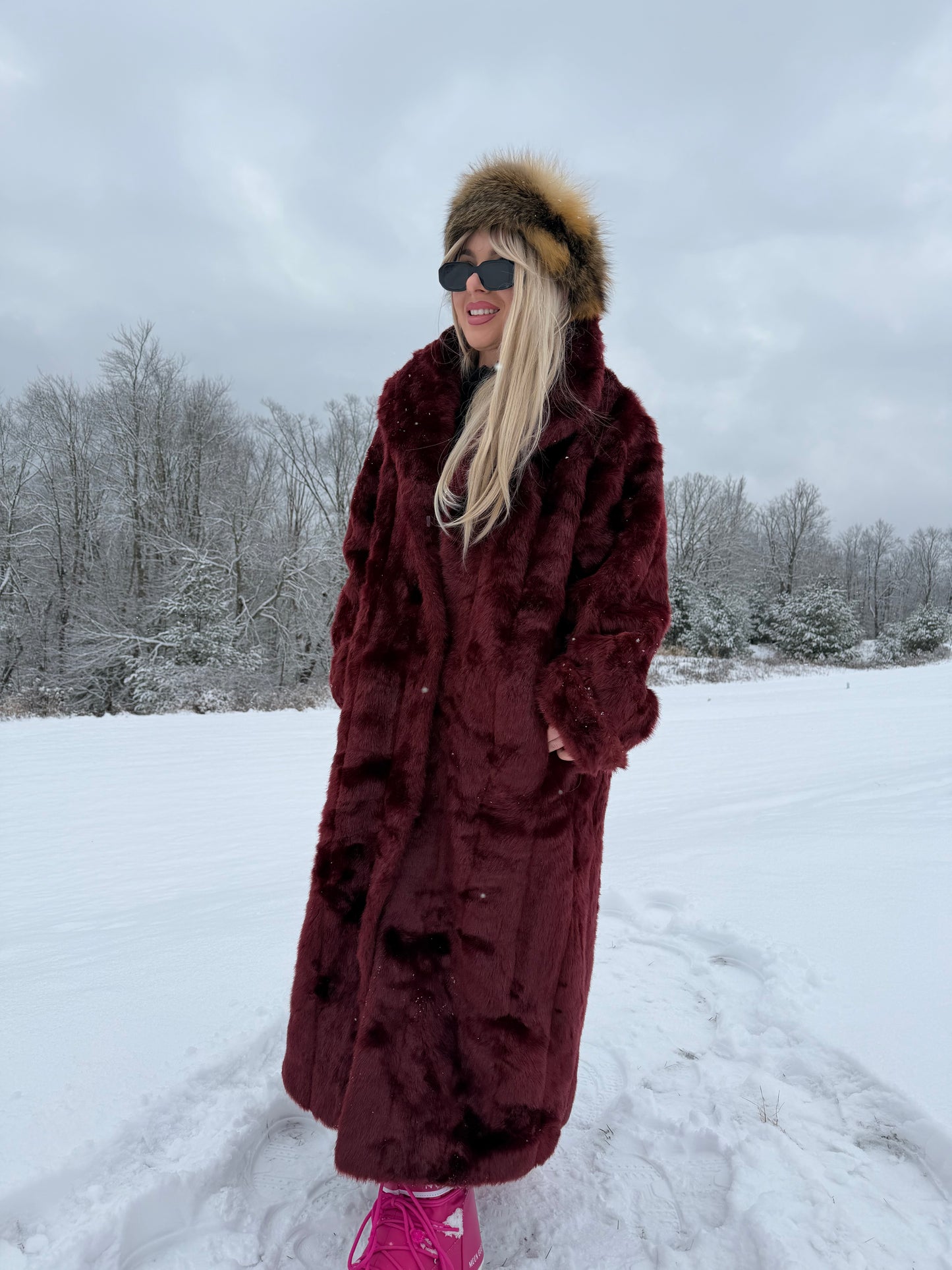 Vintage Burgundy Faux Fur Coat – Long Plush Wine Red Winter Statement Jacket XL