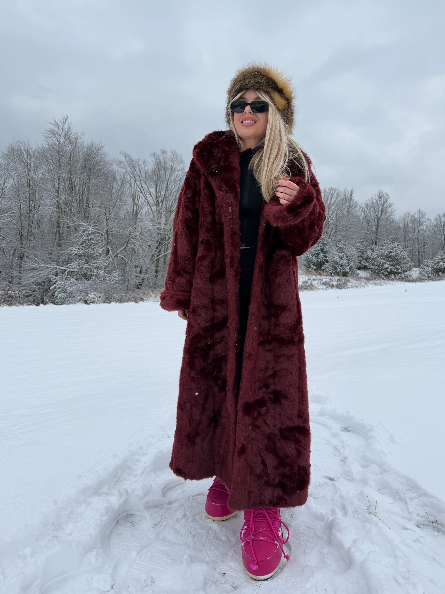 Vintage Burgundy Faux Fur Coat – Long Plush Wine Red Winter Statement Jacket XL