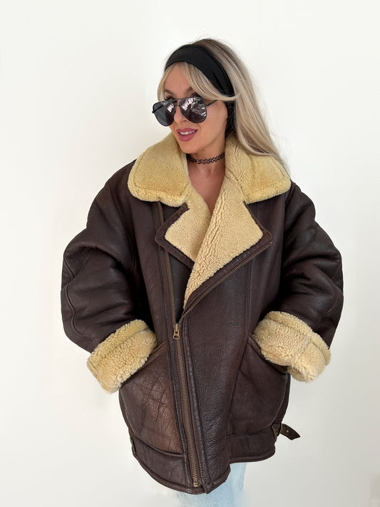 Vintage Brown Shearling Leather Ranch Coat – Yellow Wool Lined Aviator Bomber (L/XL)