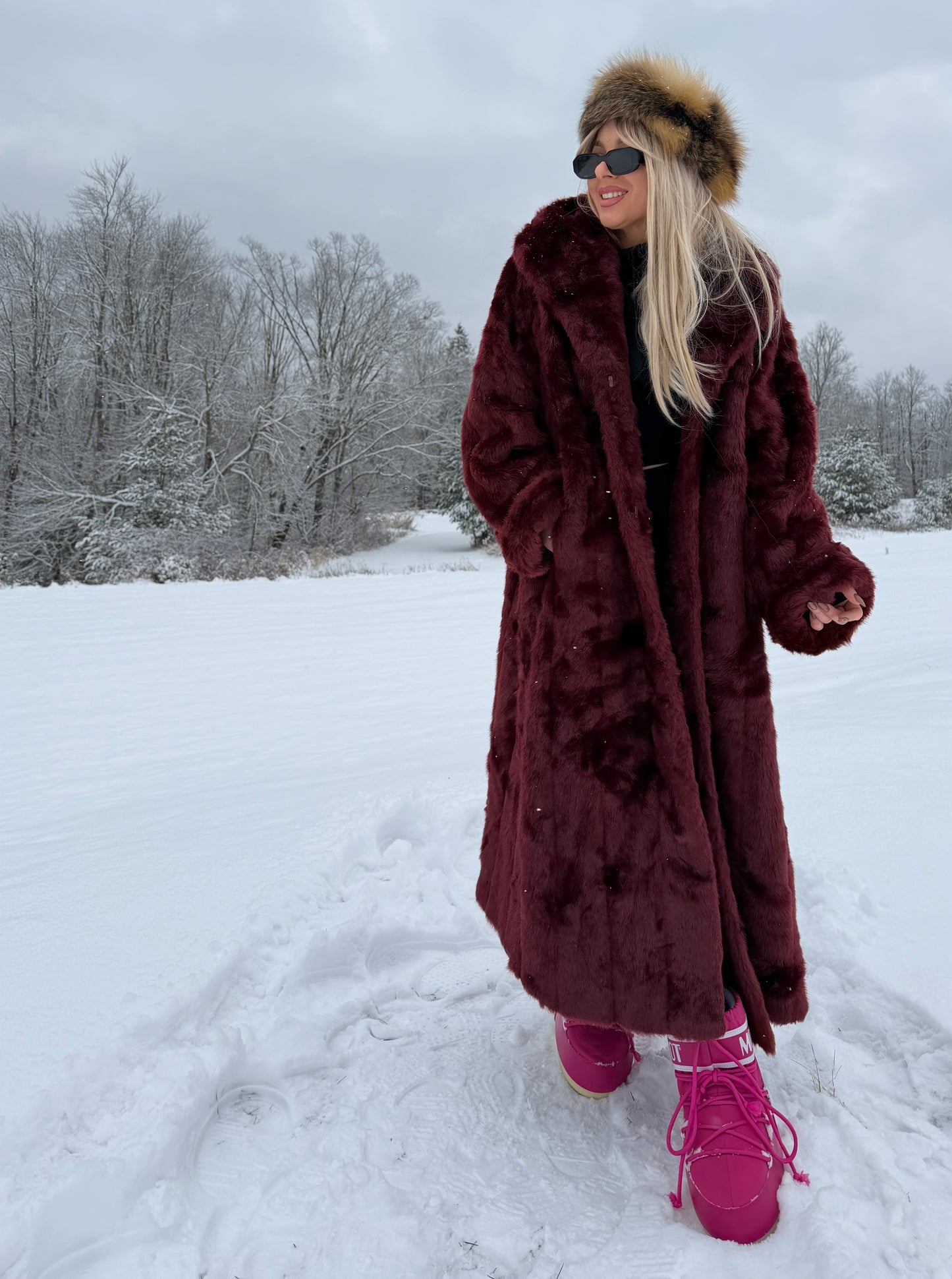 Vintage Burgundy Faux Fur Coat – Long Plush Wine Red Winter Statement Jacket XL