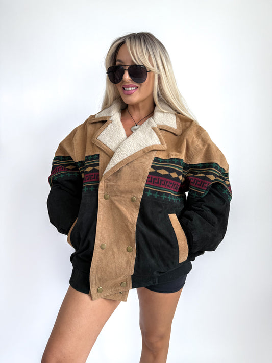 Vintage 90s Suede Leather Bomber Jacket – Tribal Aztec Navajo Print Sherpa Collar L-XL