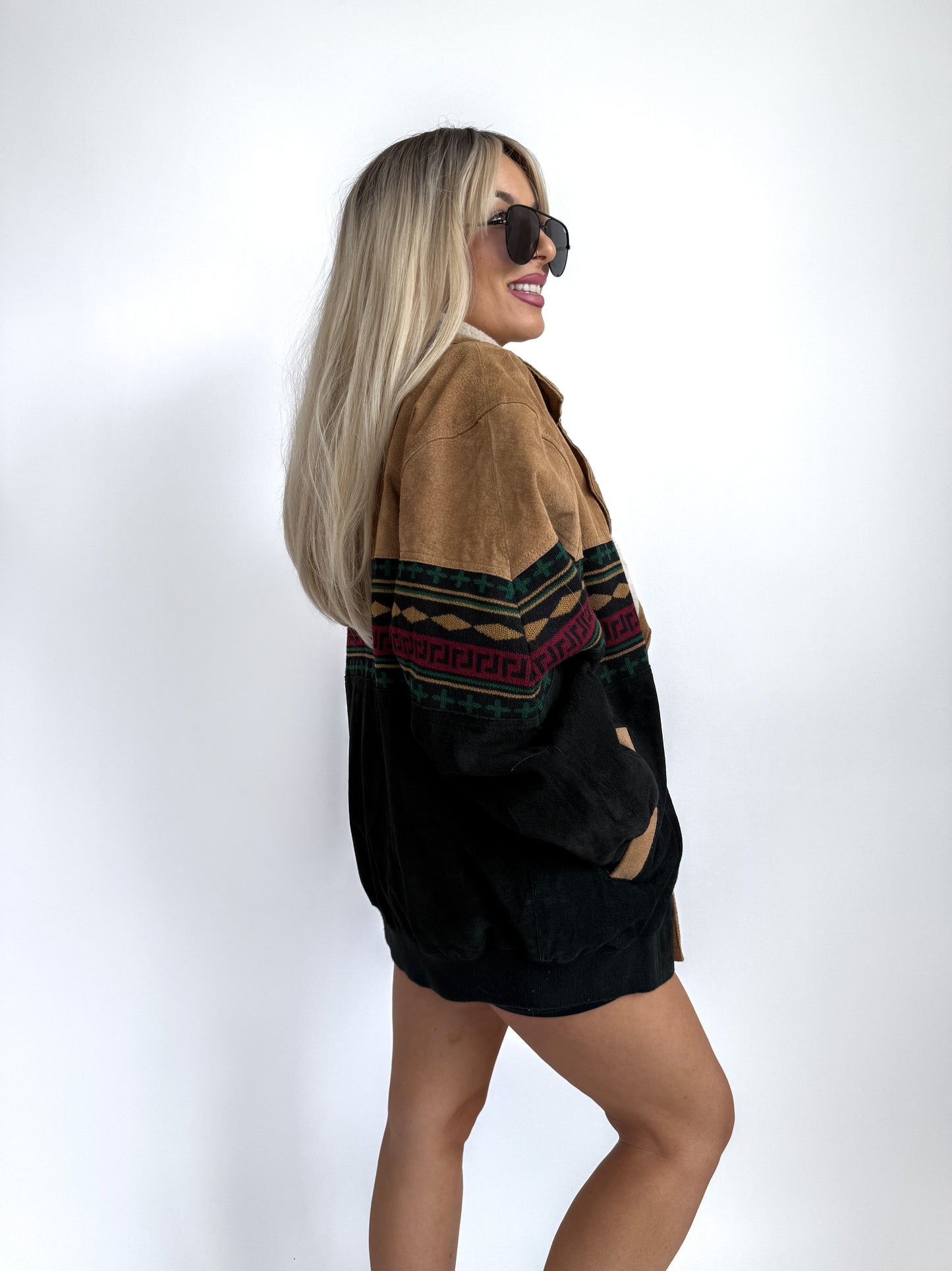 Vintage 90s Suede Leather Bomber Jacket – Tribal Aztec Navajo Print Sherpa Collar L-XL