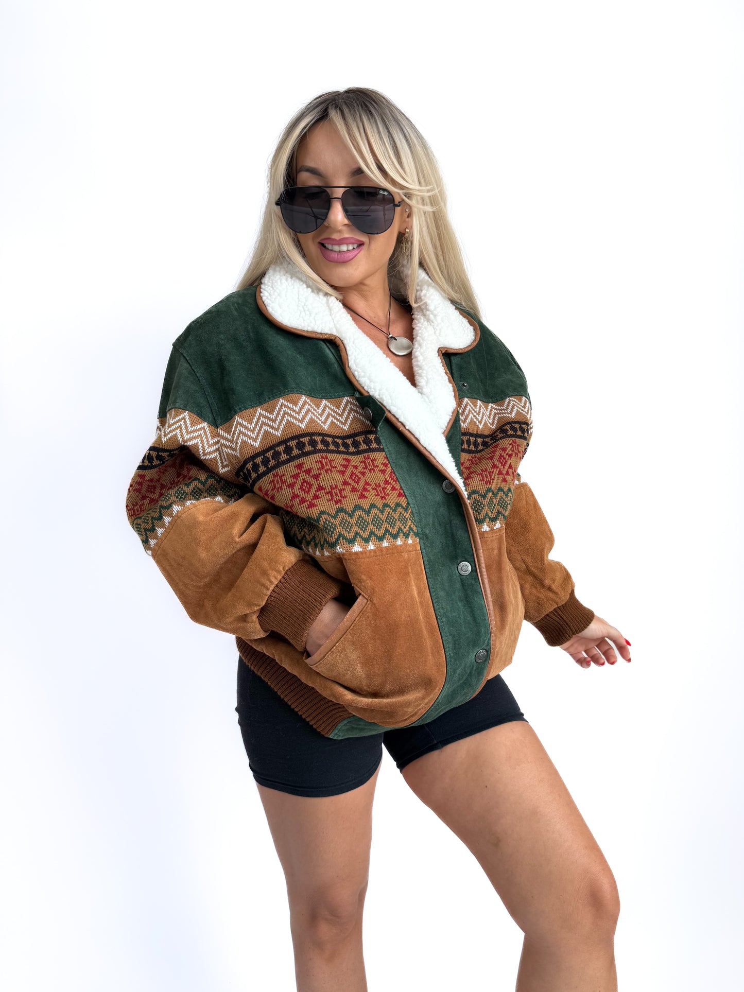 Vintage Suede Bomber Navajo Knit Sherpa Lined Southwestern Style Men's Jacket - L