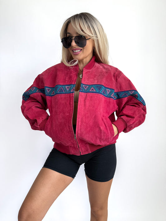 Vintage Red Suede Bomber Jacket – Aztec Tribal Navajo Print Y2K Streetwear XS-S