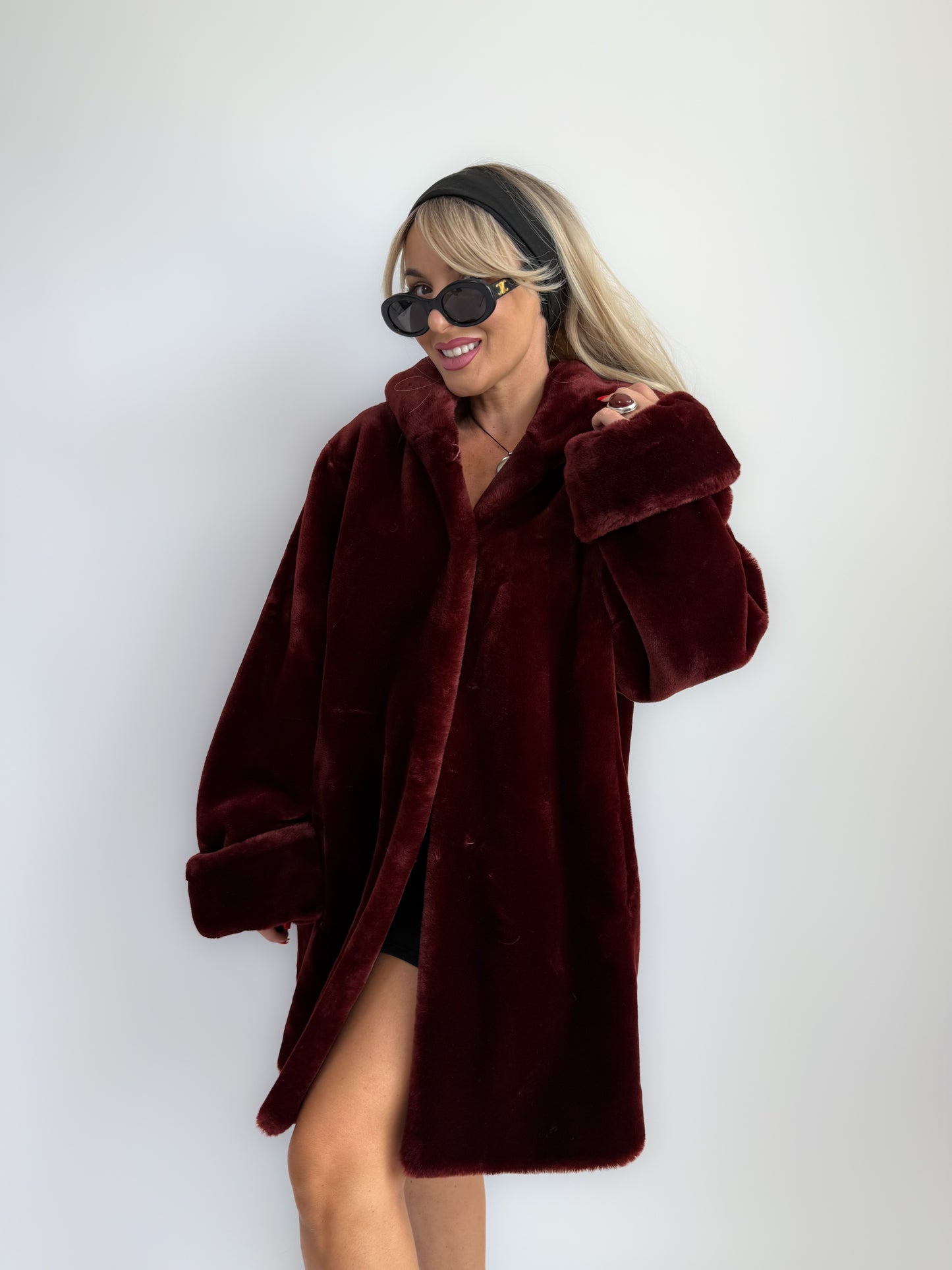 Vintage Burgundy Faux Fur Hooded Winter Coat – 90s Y2K Style Jacket S-L