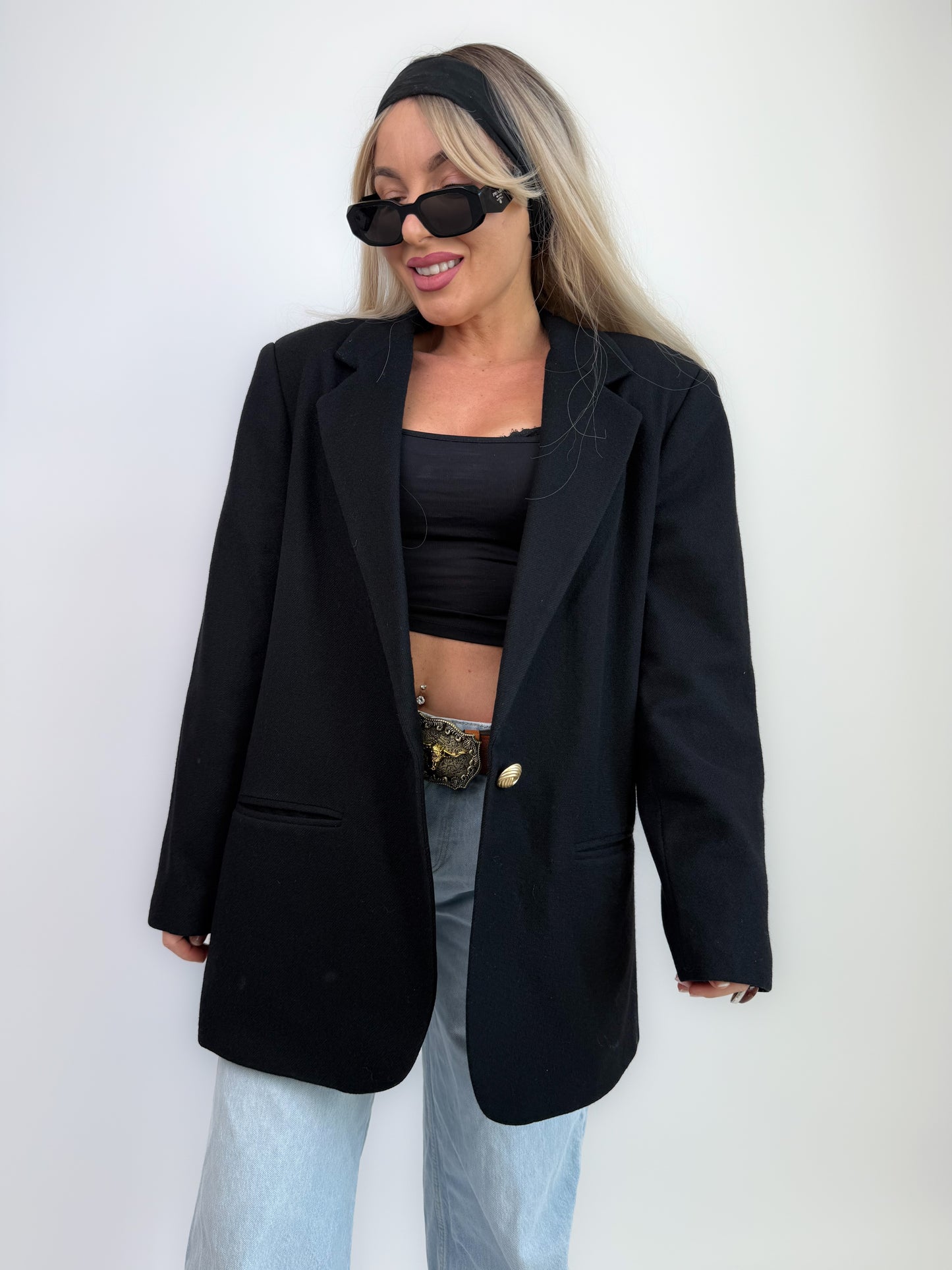 Vintage Oversized Black Single Breasted Wool Blazer Jacket S-M