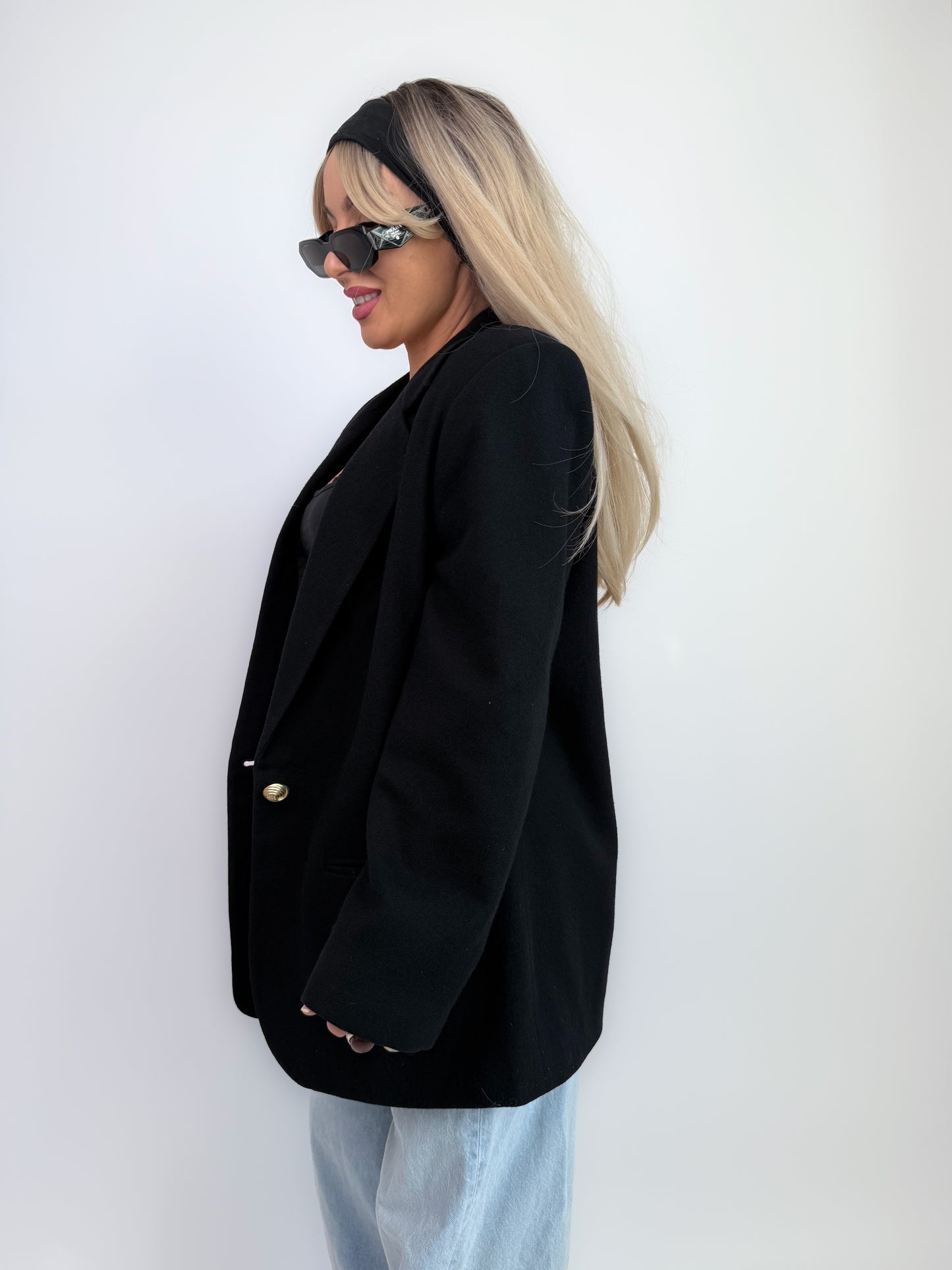 Vintage Oversized Black Single Breasted Wool Blazer Jacket S-M