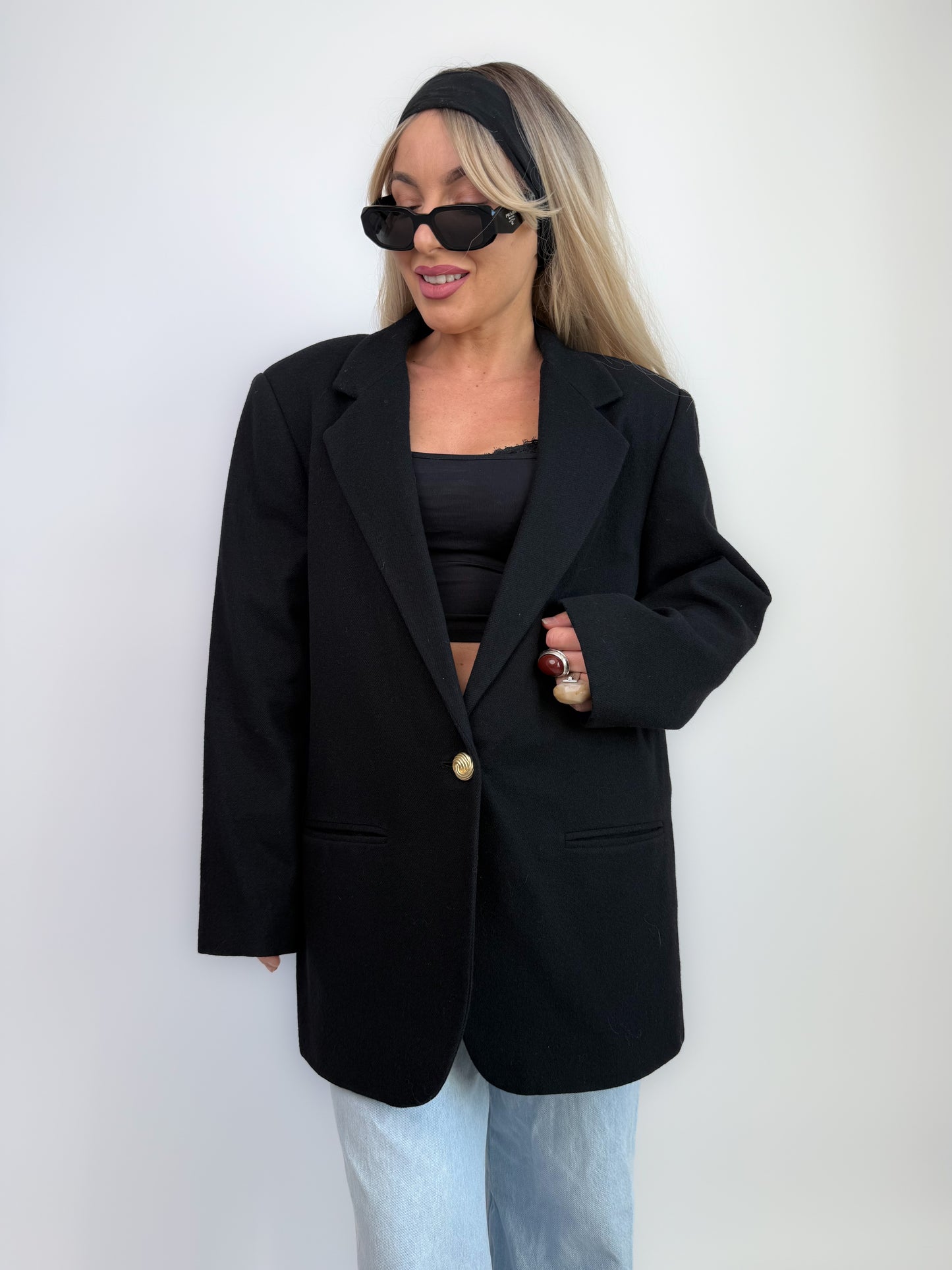 Vintage Oversized Black Single Breasted Wool Blazer Jacket S-M