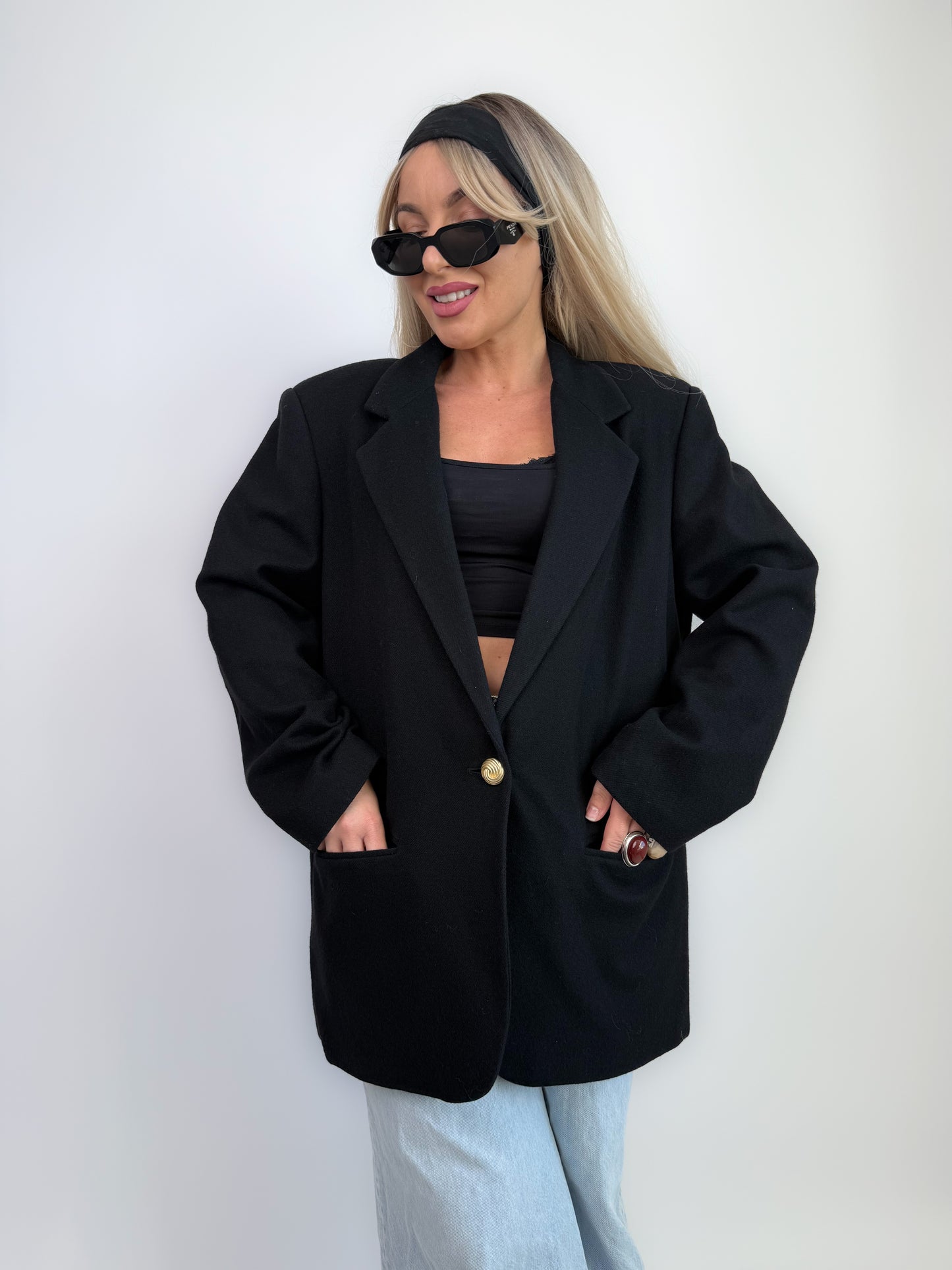 Vintage Oversized Black Single Breasted Wool Blazer Jacket S-M