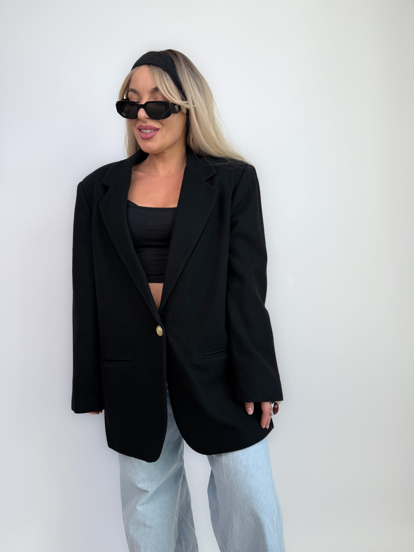Vintage Oversized Black Single Breasted Wool Blazer Jacket S-M