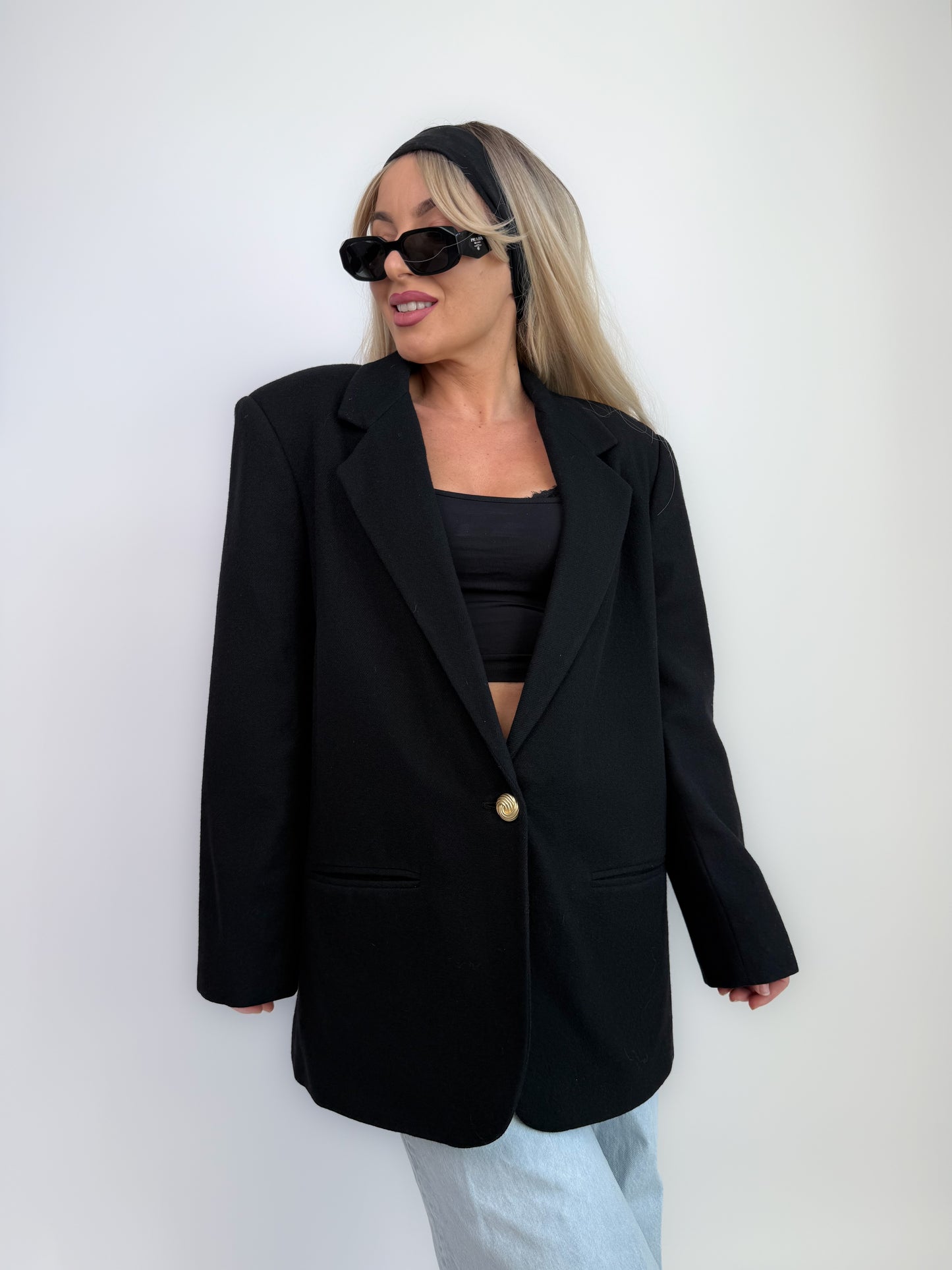 Vintage Oversized Black Single Breasted Wool Blazer Jacket S-M