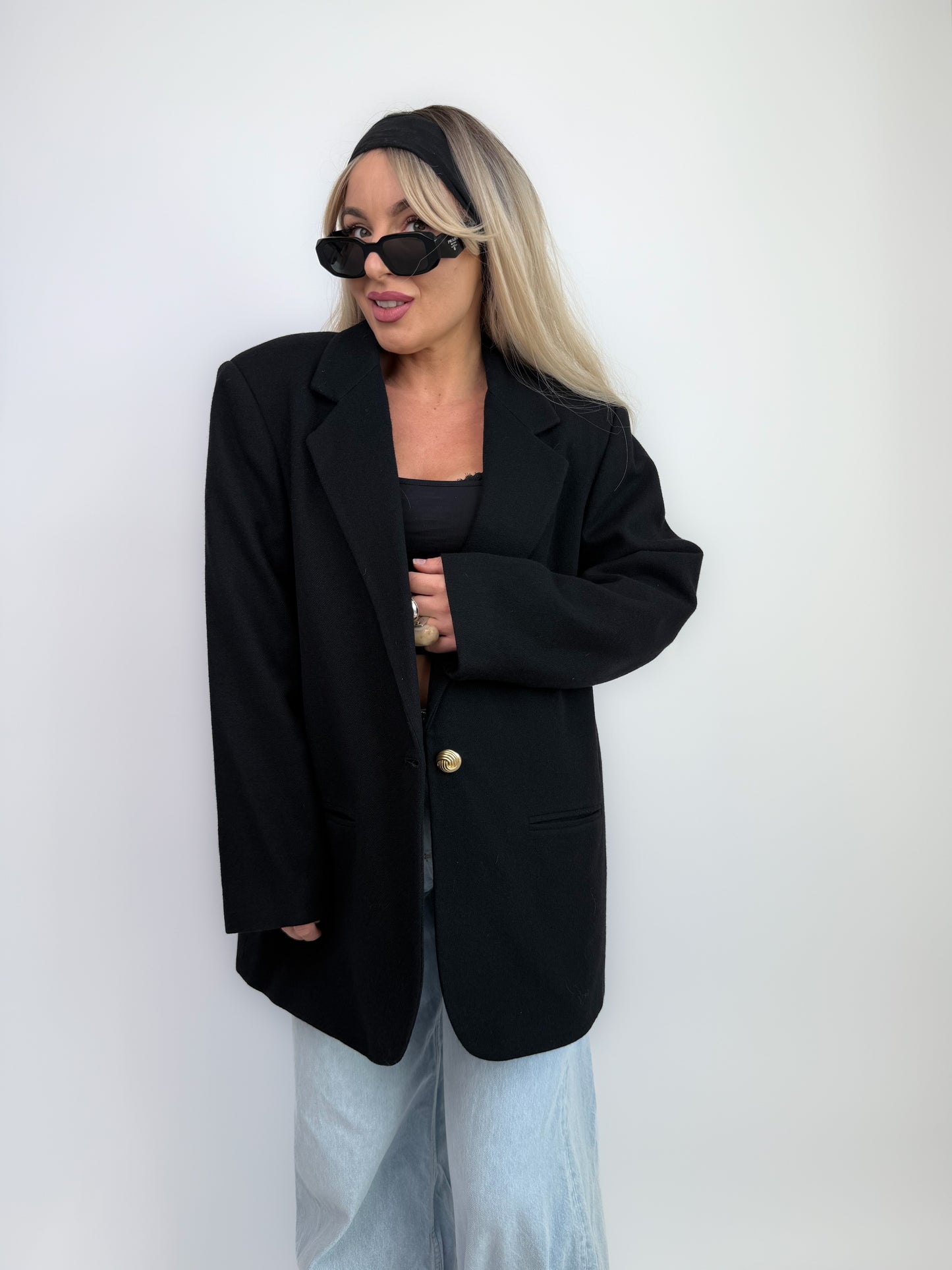 Vintage Oversized Black Single Breasted Wool Blazer Jacket S-M