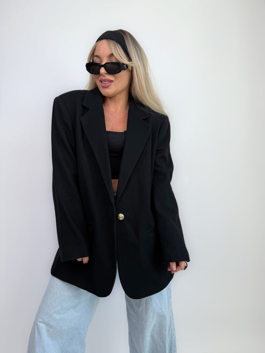 Vintage Oversized Black Single Breasted Wool Blazer Jacket S-M