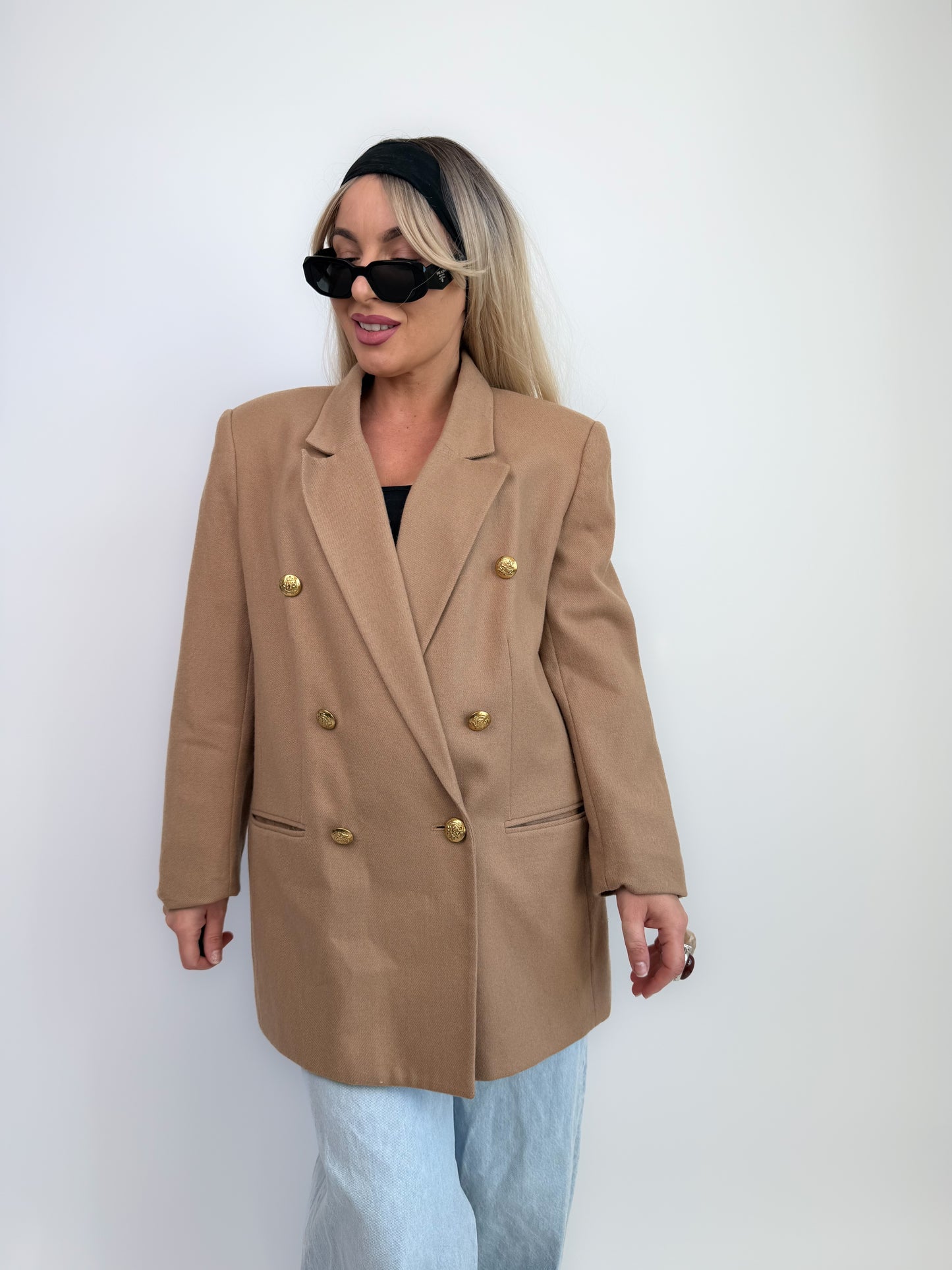 Vintage Oversized Tan Double Breasted Tan Beige Wool Blazer Jacket S-M