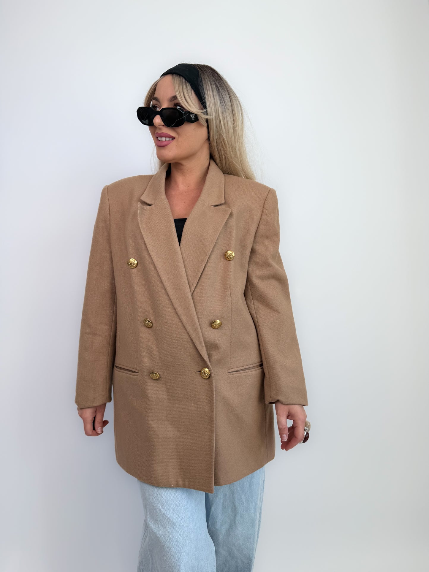 Vintage Oversized Tan Double Breasted Tan Beige Wool Blazer Jacket S-M