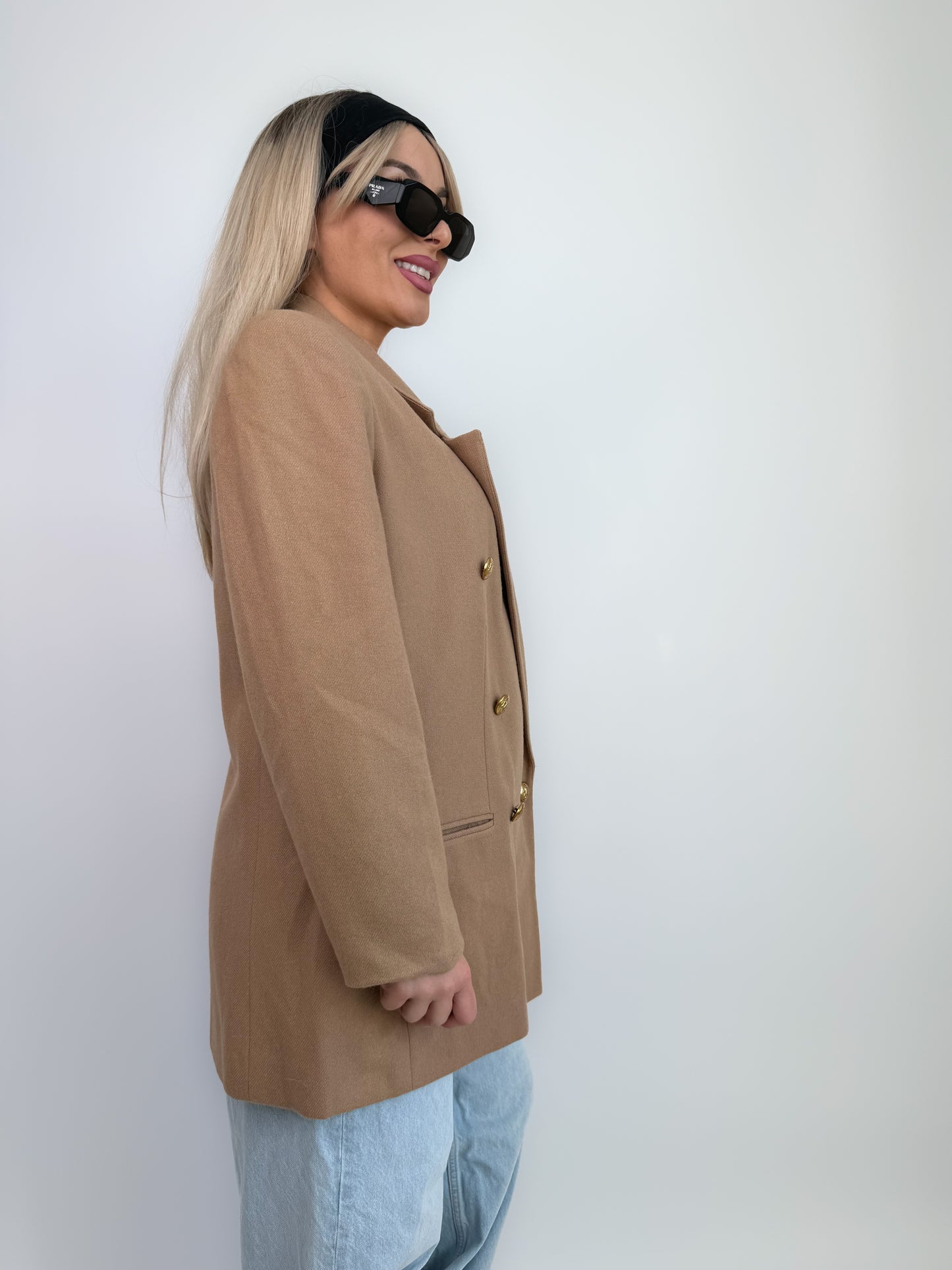 Vintage Oversized Tan Double Breasted Tan Beige Wool Blazer Jacket S-M