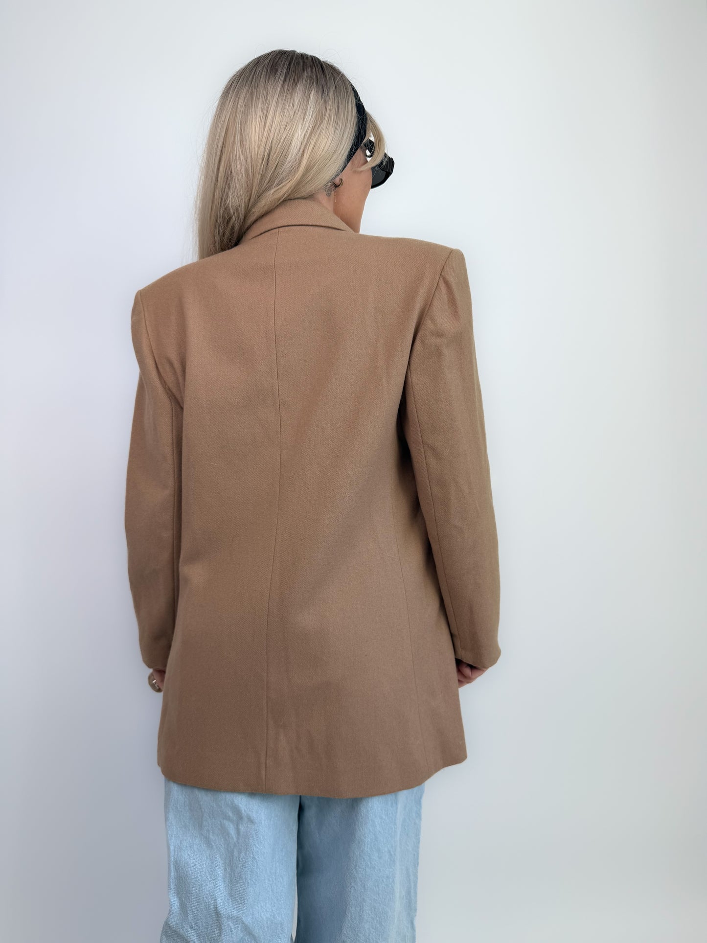 Vintage Oversized Tan Double Breasted Tan Beige Wool Blazer Jacket S-M