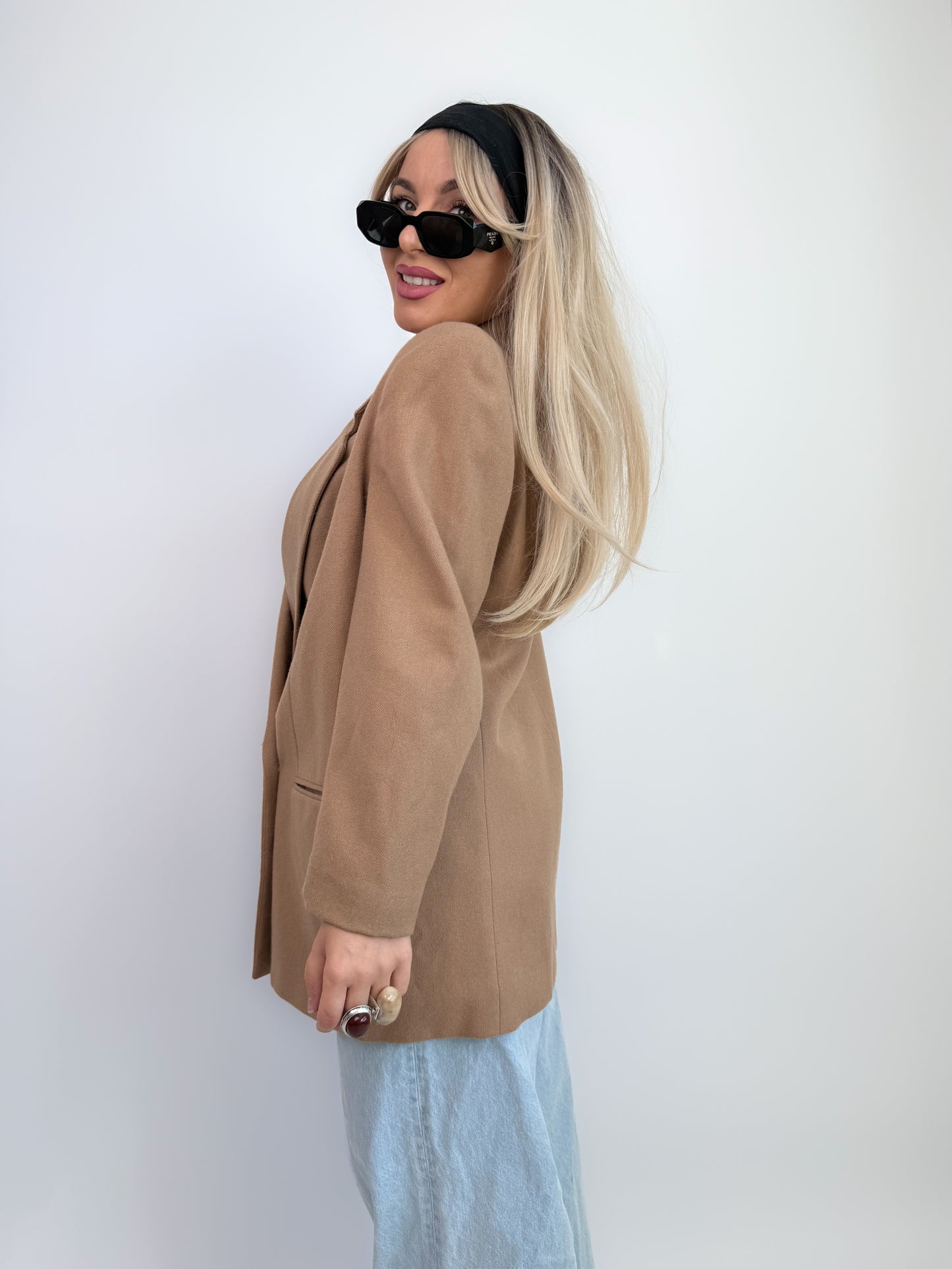 Vintage Oversized Tan Double Breasted Tan Beige Wool Blazer Jacket S-M