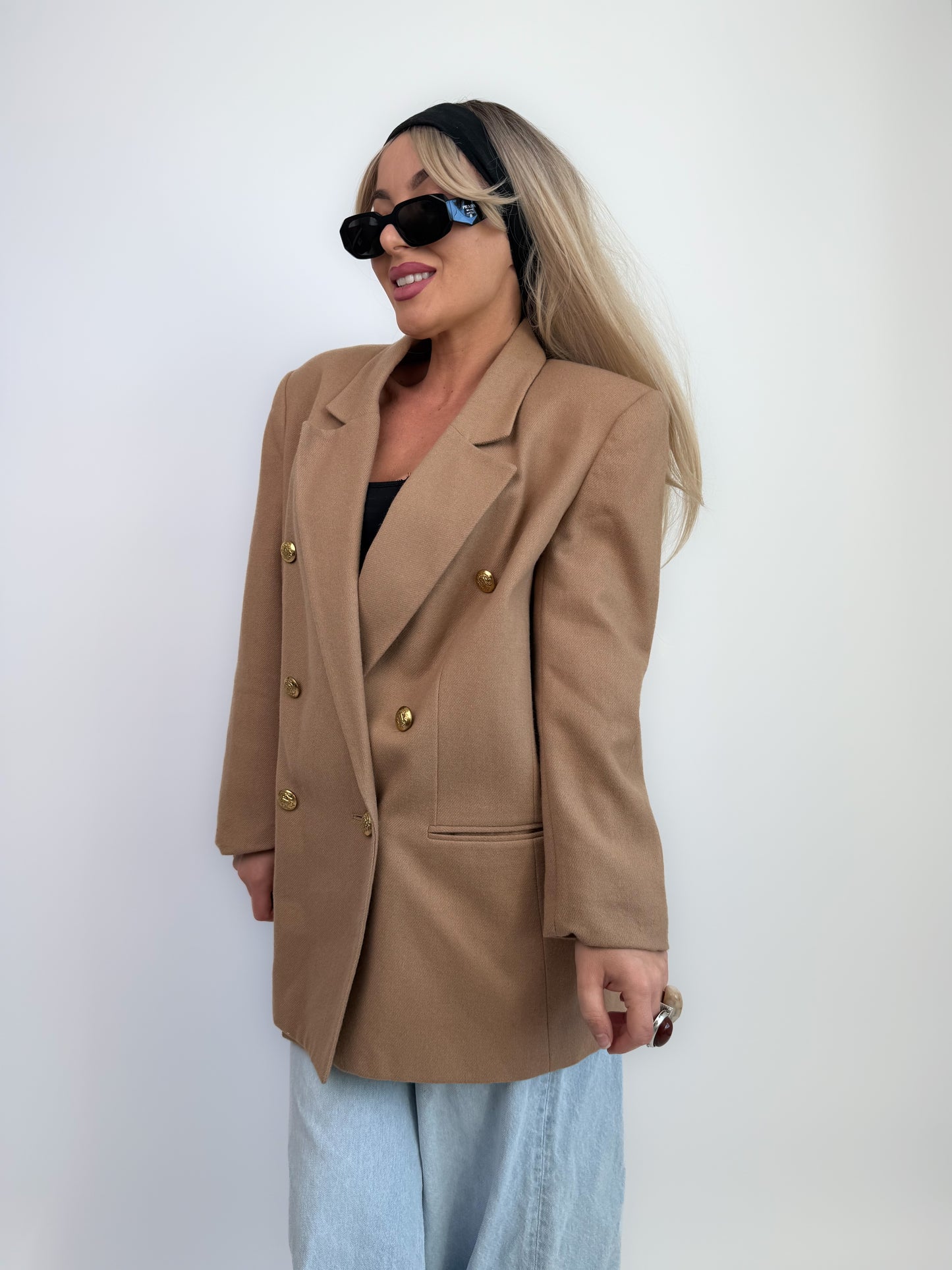 Vintage Oversized Tan Double Breasted Tan Beige Wool Blazer Jacket S-M
