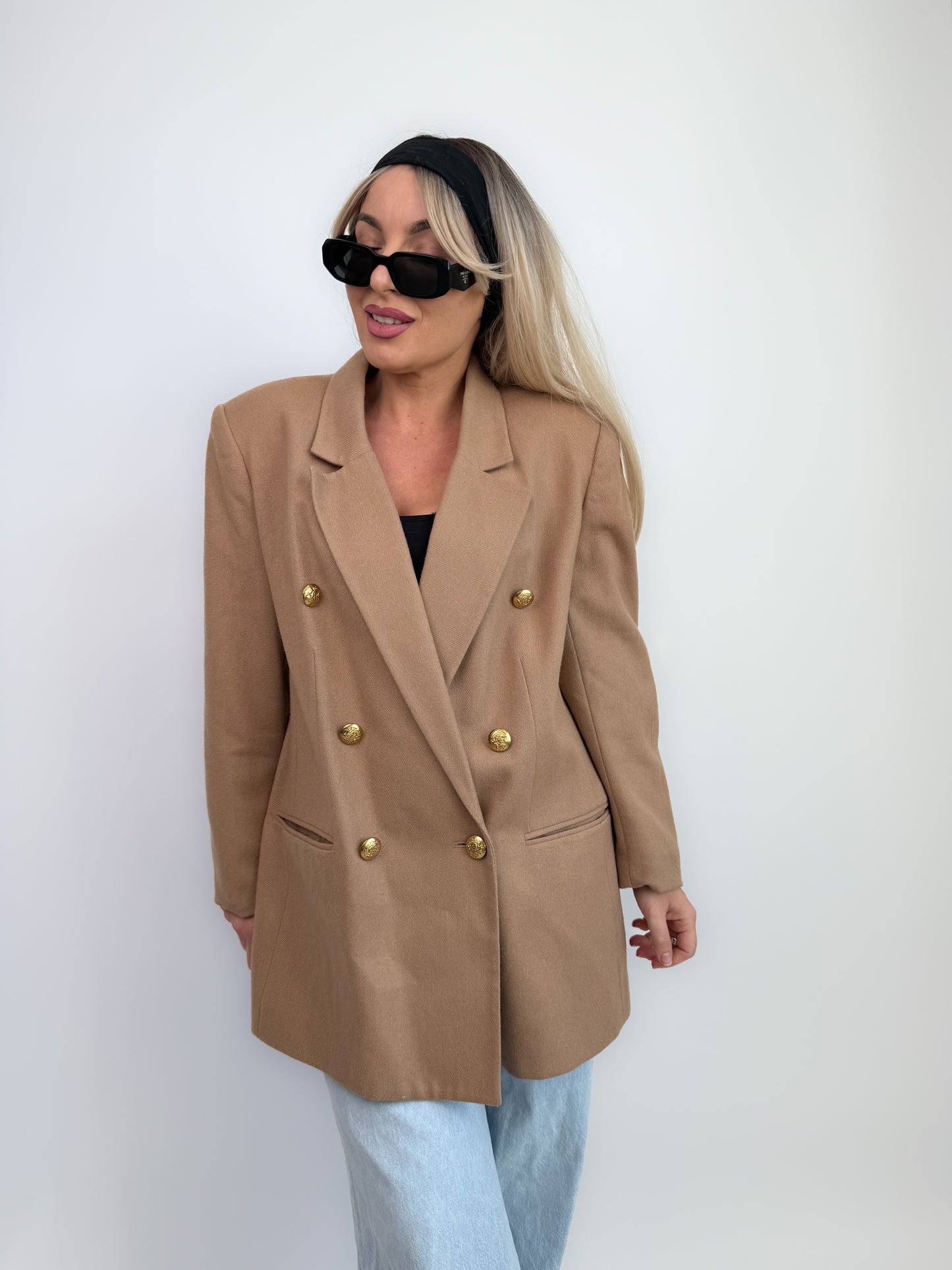 Vintage Oversized Tan Double Breasted Tan Beige Wool Blazer Jacket S-M