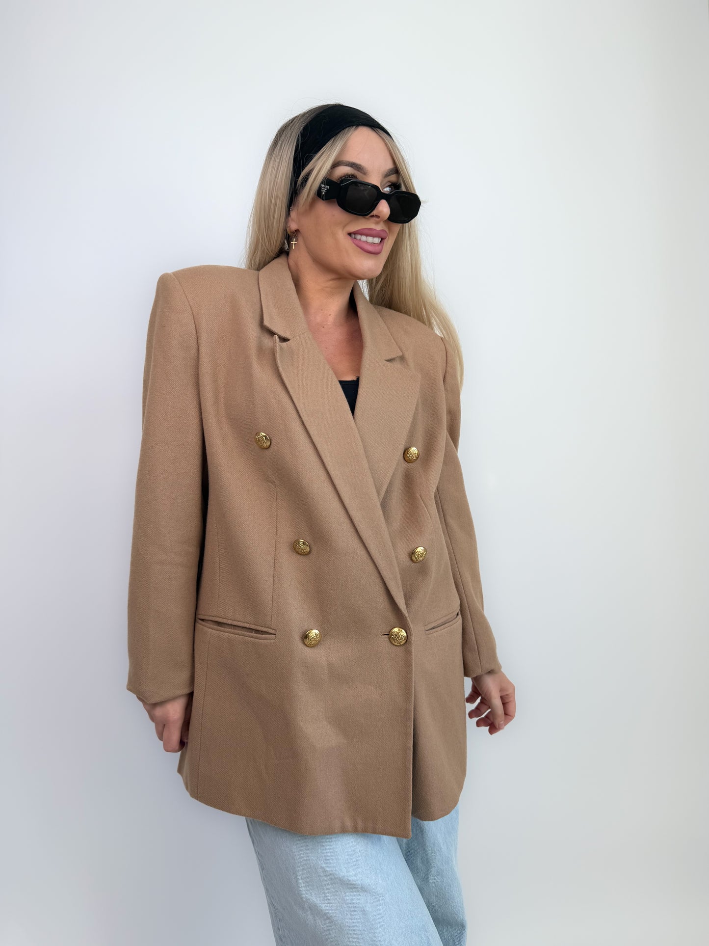 Vintage Oversized Tan Double Breasted Tan Beige Wool Blazer Jacket S-M