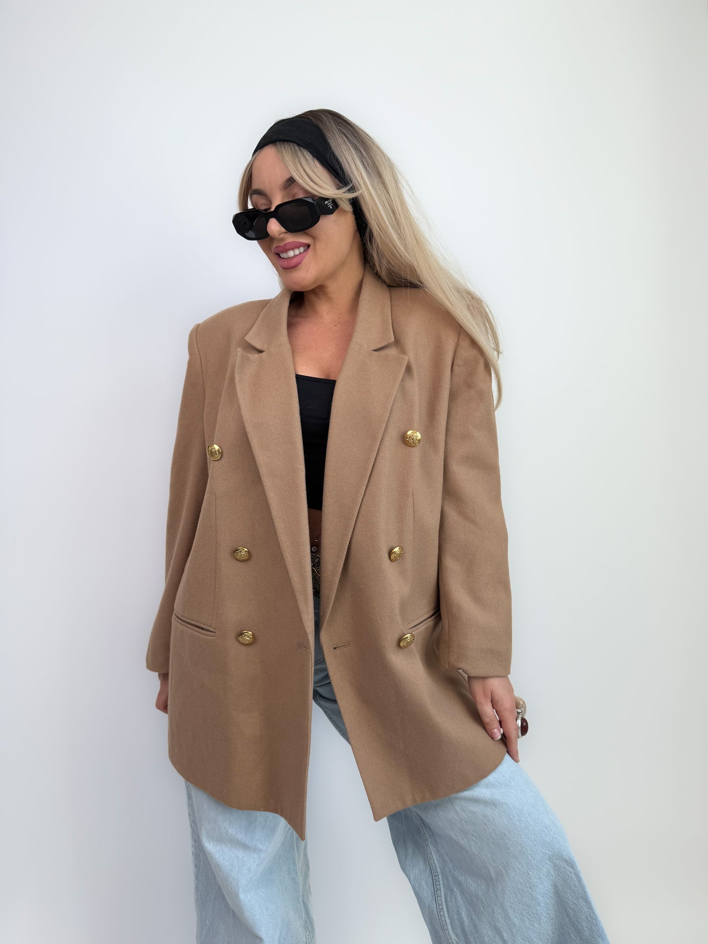 Vintage Oversized Tan Double Breasted Tan Beige Wool Blazer Jacket S-M