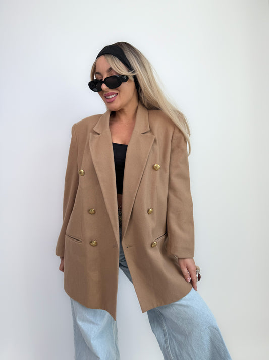 Vintage Oversized Tan Double Breasted Tan Beige Wool Blazer Jacket S-M