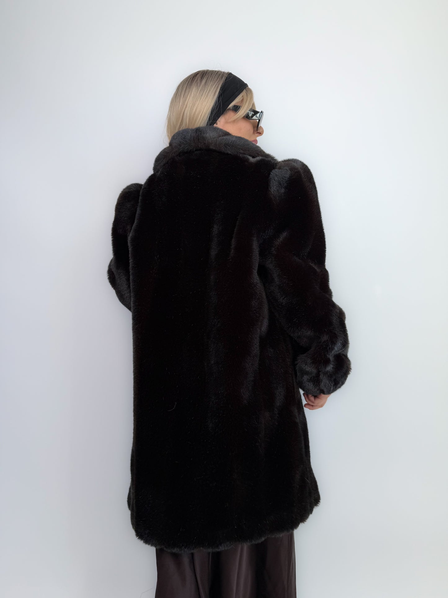 Vintage Dark Brown Faux Fur Coat Mid Length Winter Jacket S-M