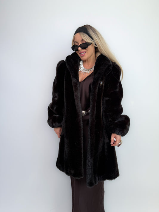 Vintage Dark Brown Faux Fur Coat Mid Length Winter Jacket S-M