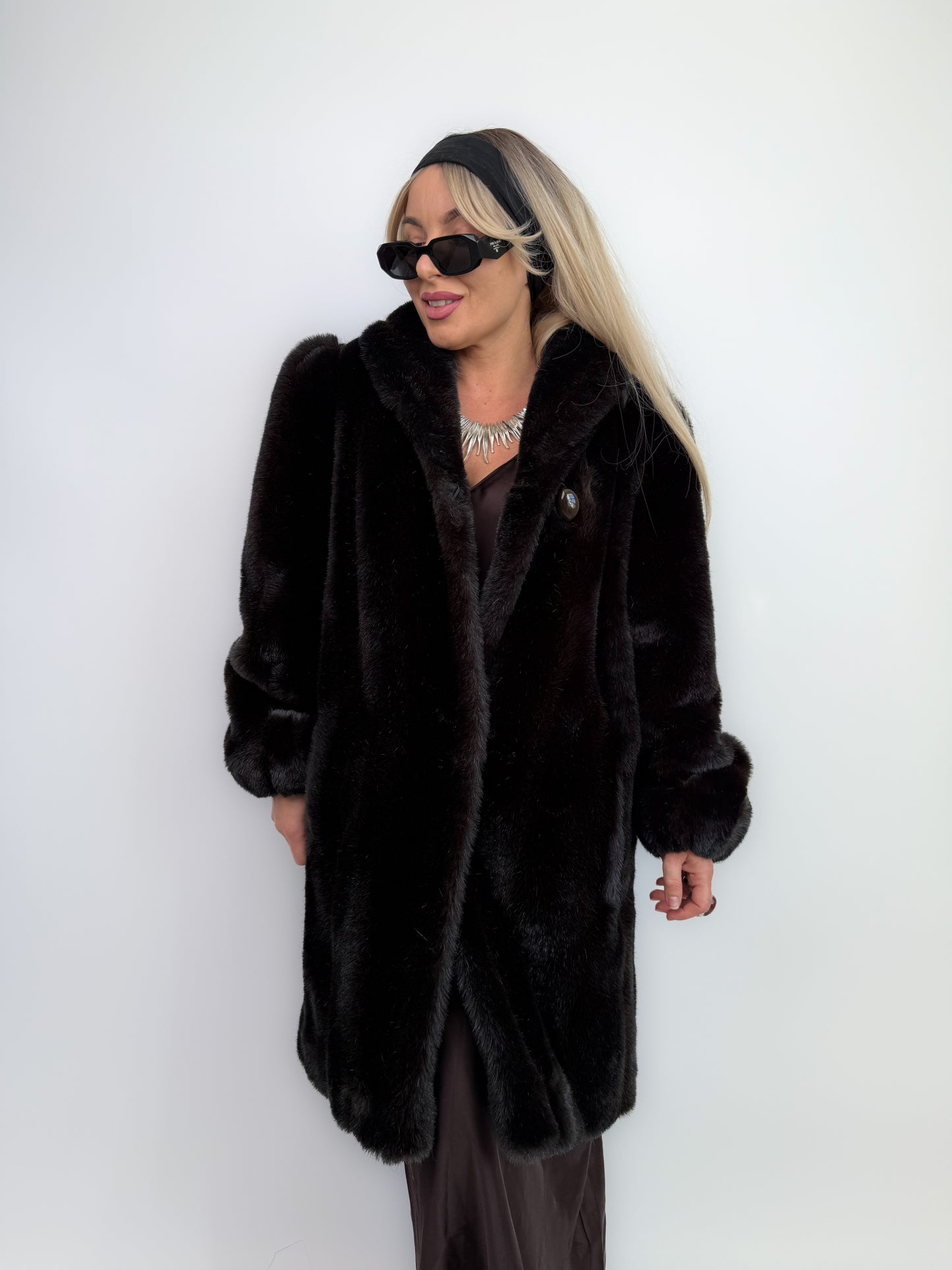 Vintage Dark Brown Faux Fur Coat Mid Length Winter Jacket S-M