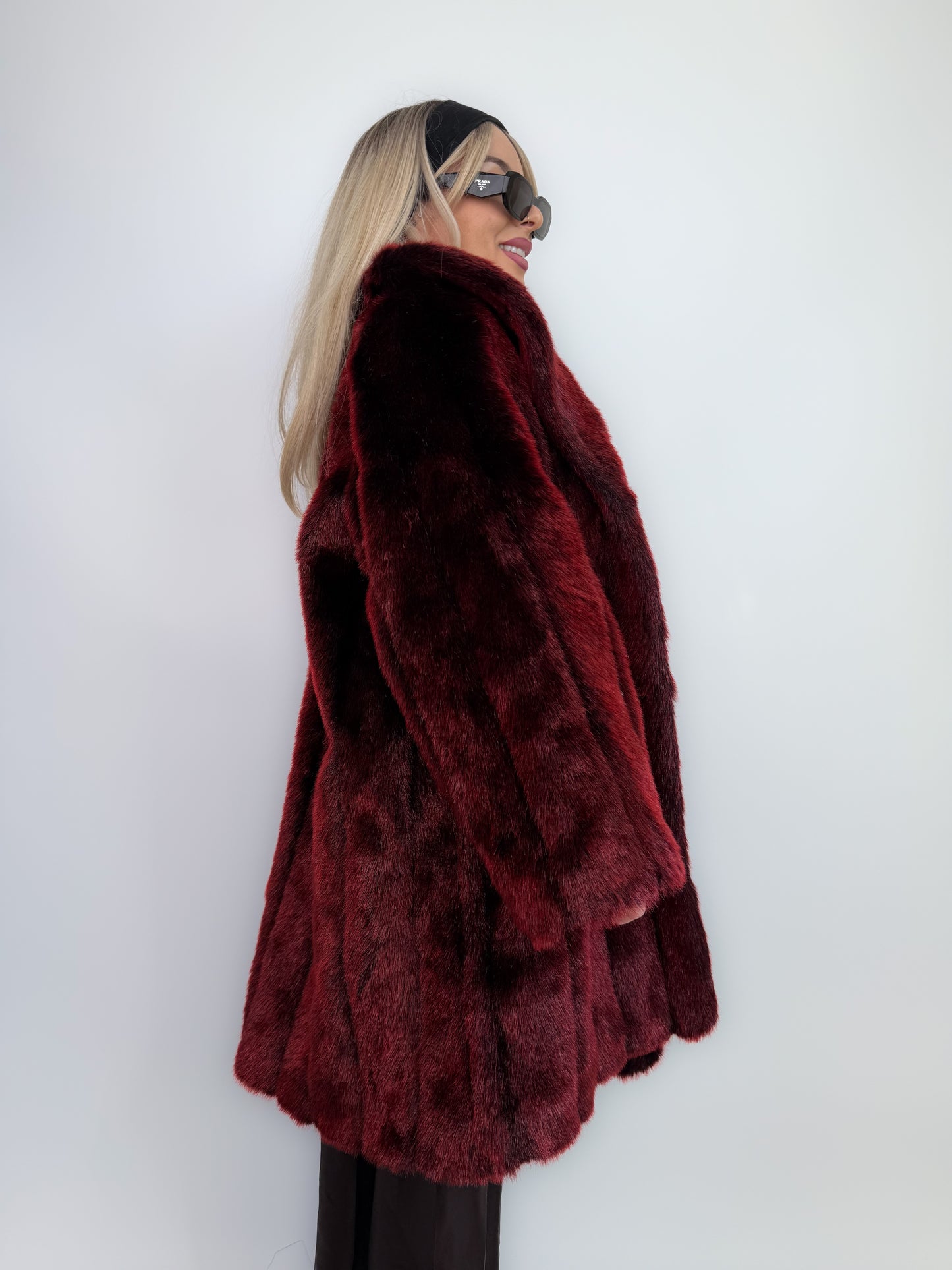 Vintage Burgundy Deep Wine Red Faux Fur Winter Coat M-L